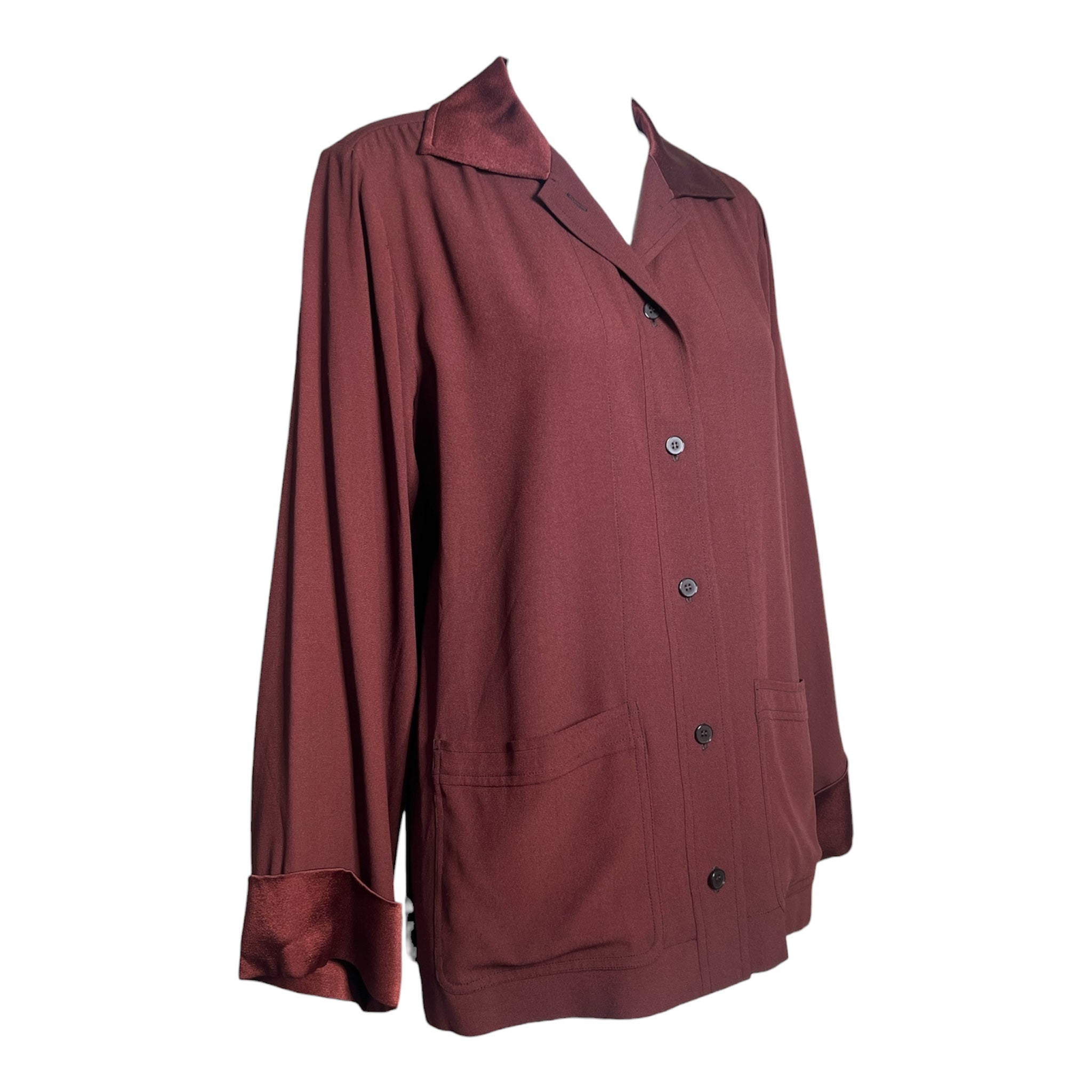 Saint Laurent 1970's Burnt Umber Satin Crepe Button Up Shirt, slight side