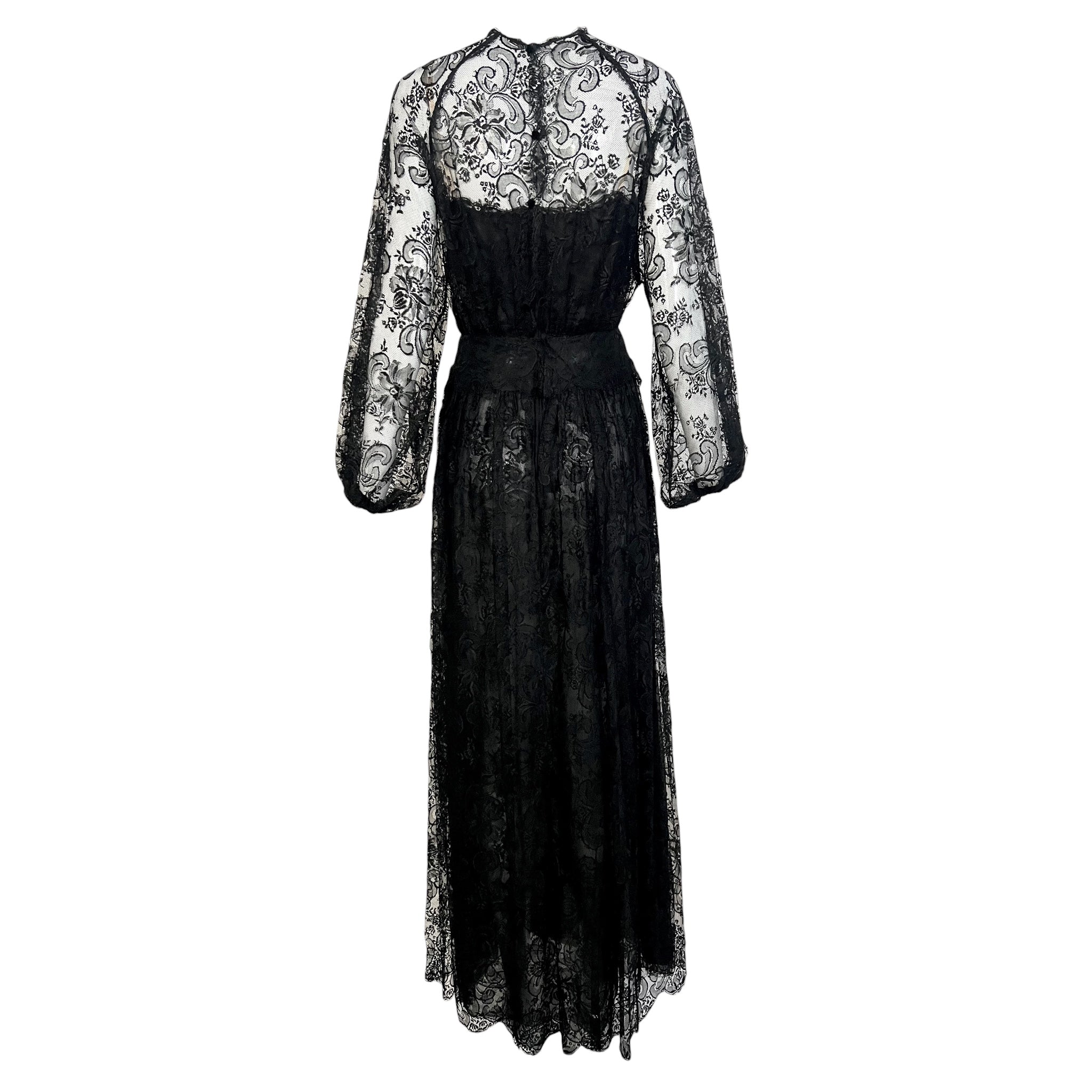 Galanos 1980's Black Chantilly Lace and Silk Chiffon Long Sleeve Gown, back