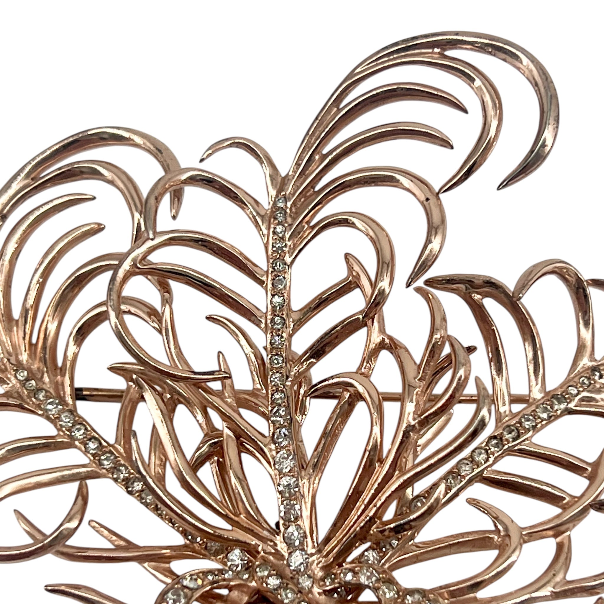 Nettie Rosenstein 1940's Sterling Silver Gold Vermeil Diamante Feather Brooch and Earrings, feather detail