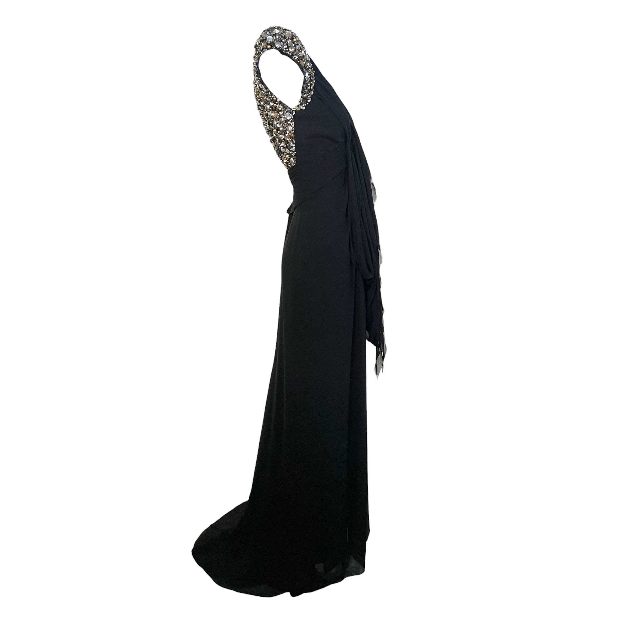  Elie Saab Black Silk Gown with Gold and Silver Embellished Capped Sleeves, side