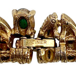 Ciner 1960's Jewels of India Green Cabochon and Rhinestone Gold Plated Necklace and Bracelet Set, stamp 2