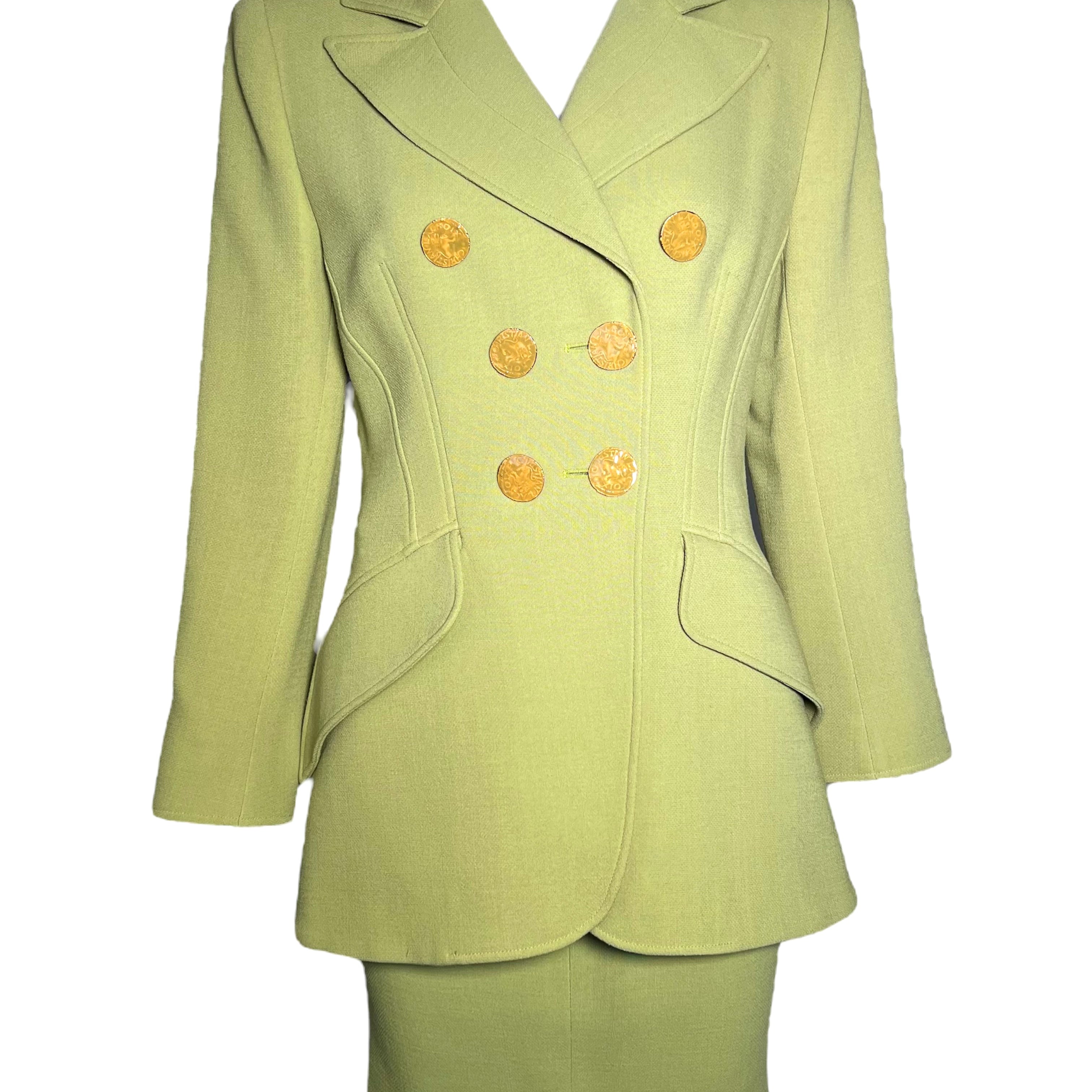  Christian Lacroix Avocado Green Double Breasted Skirt Suit Ensemble, NWT SUIT FRONT 1/8