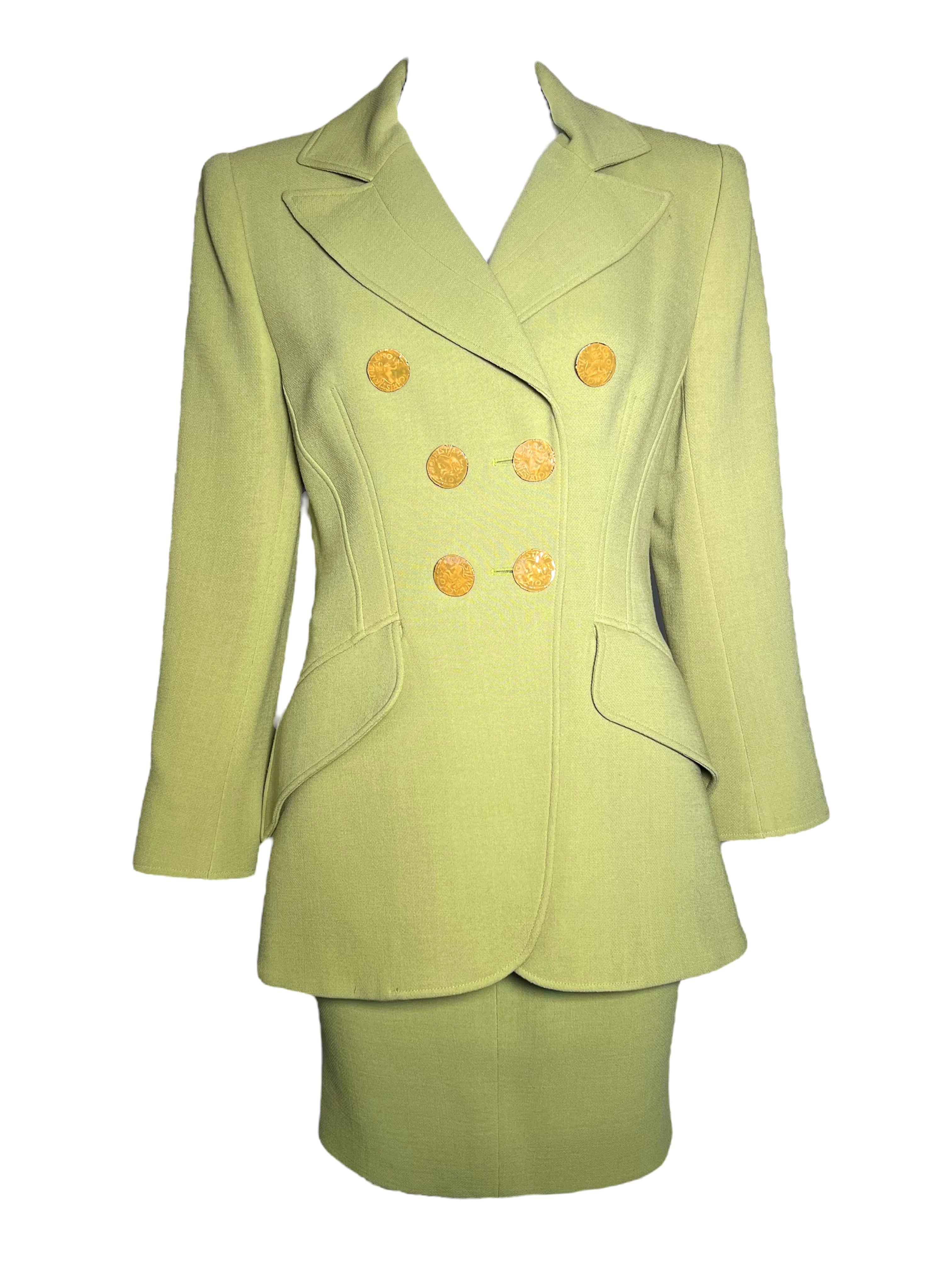  Christian Lacroix Avocado Green Double Breasted Skirt Suit Ensemble, NWT SUIT FRONT 1/8