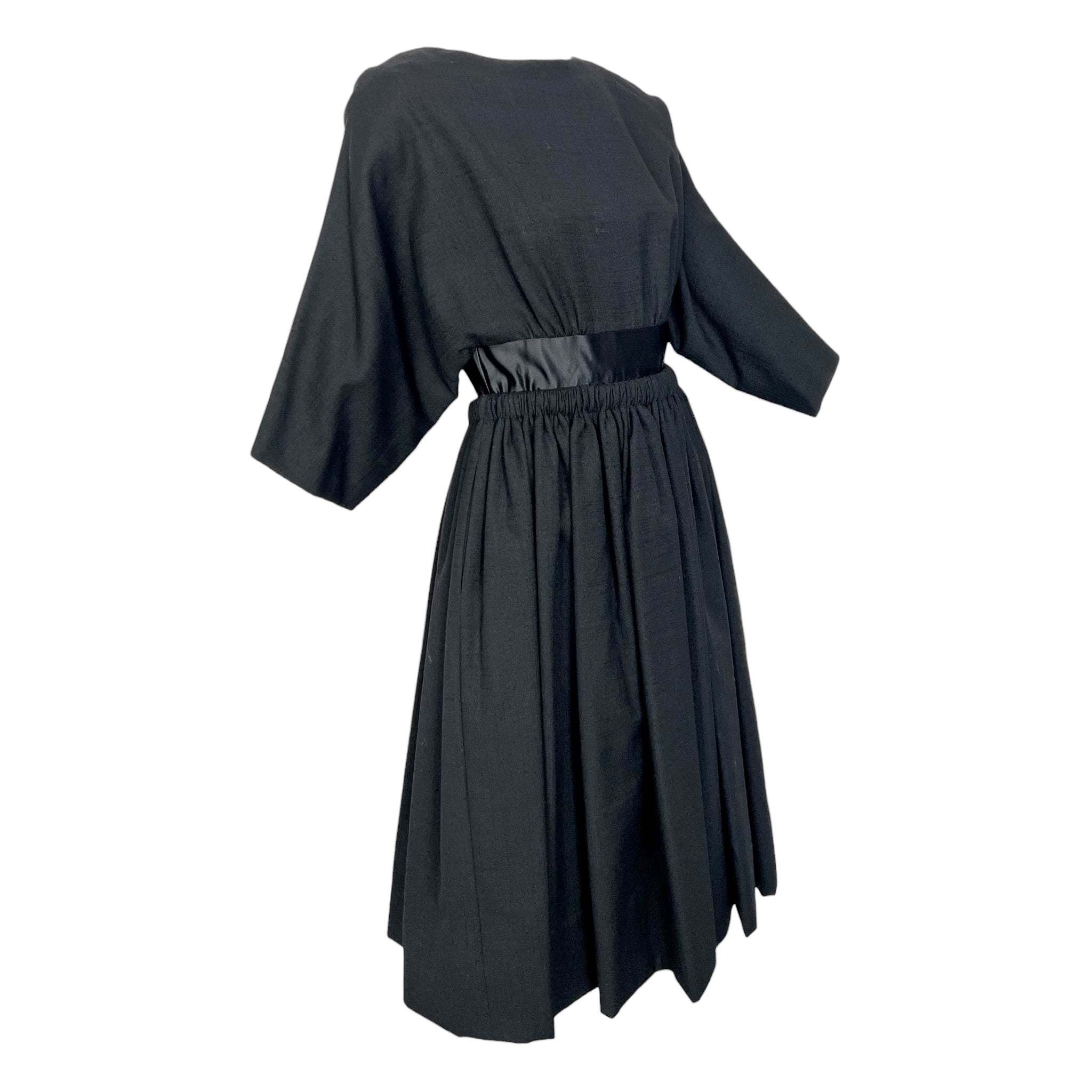 Galanos 1950's Black Raw Silk Fit and Flare Sleeved Day Dress, SLIGHT SIDE 2