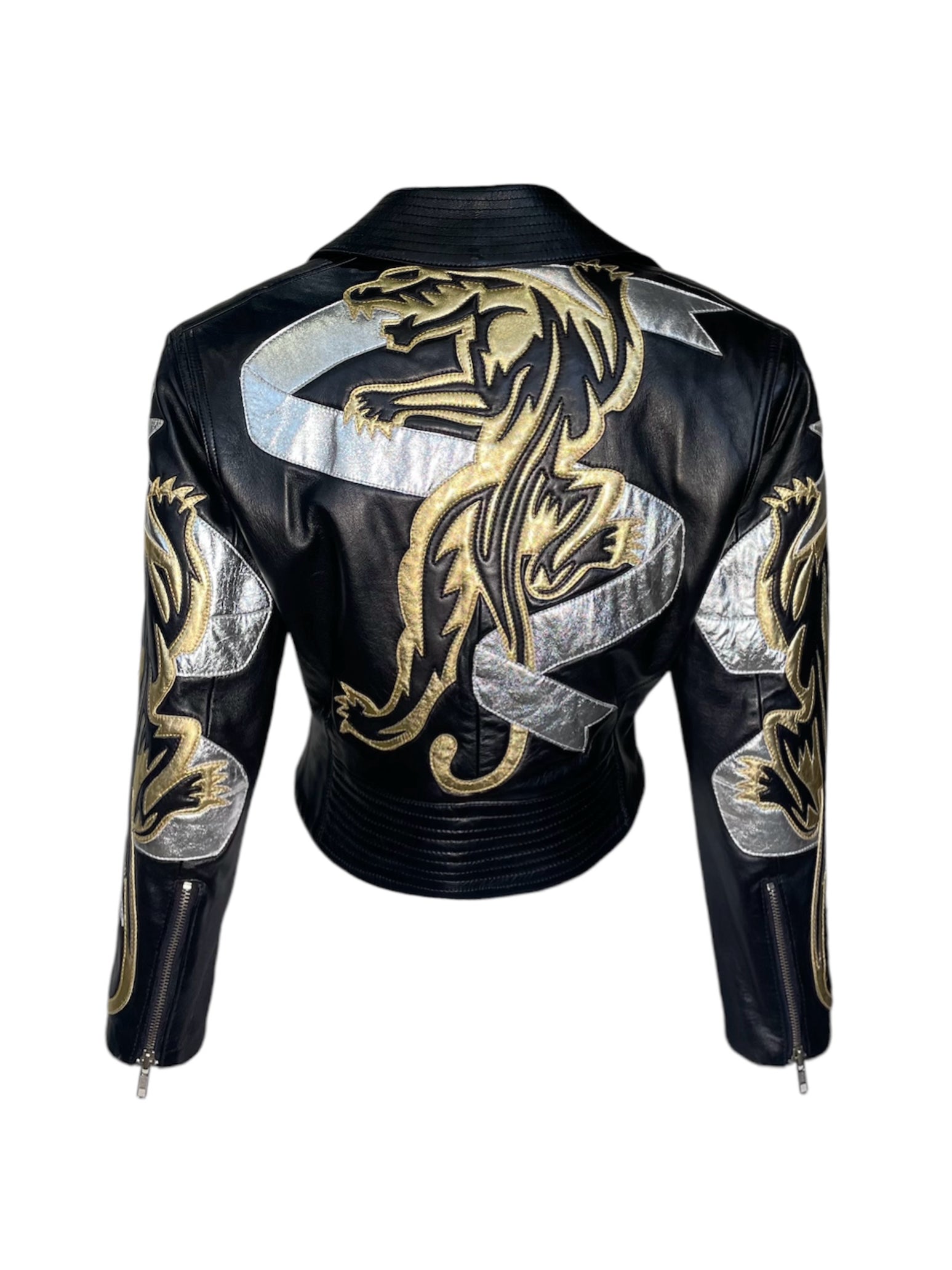 Michael Hoban North Beach Leather Fall 1991 Motorcycle Jacket with Silver and Gold Panther, back