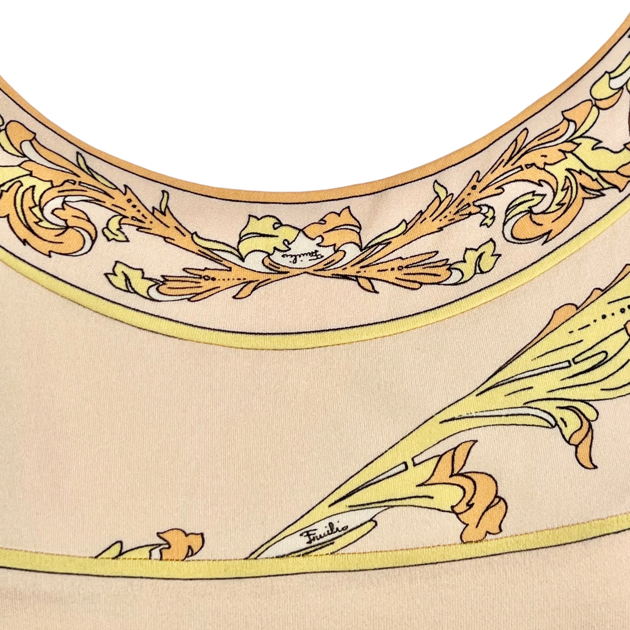 Emilio Pucci 1970's Pale Peach Pastel Printed Silk Jersey Mini Dress, neck