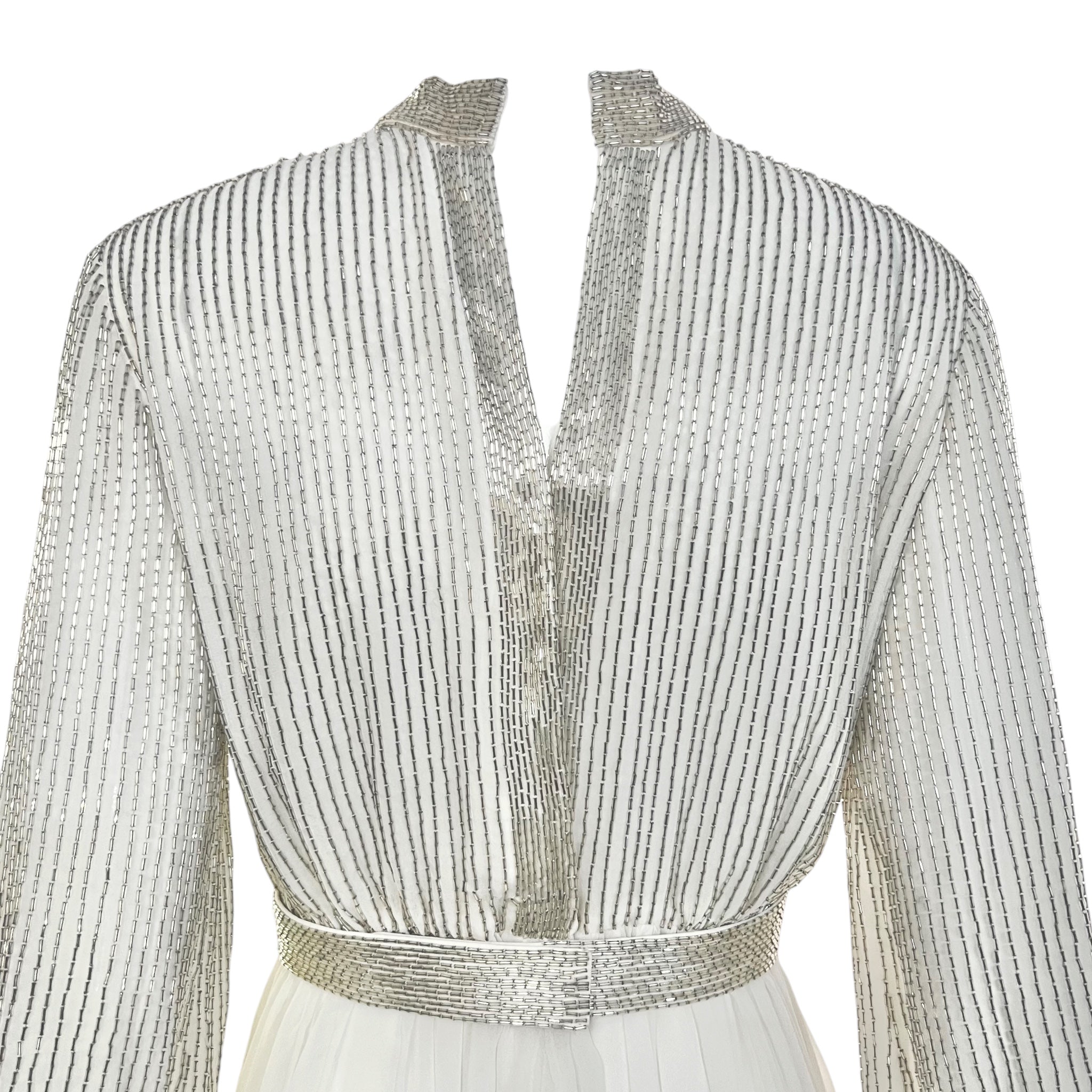 Victoria Royal 1970s White Beaded Fit and Flare Dress, back bodice