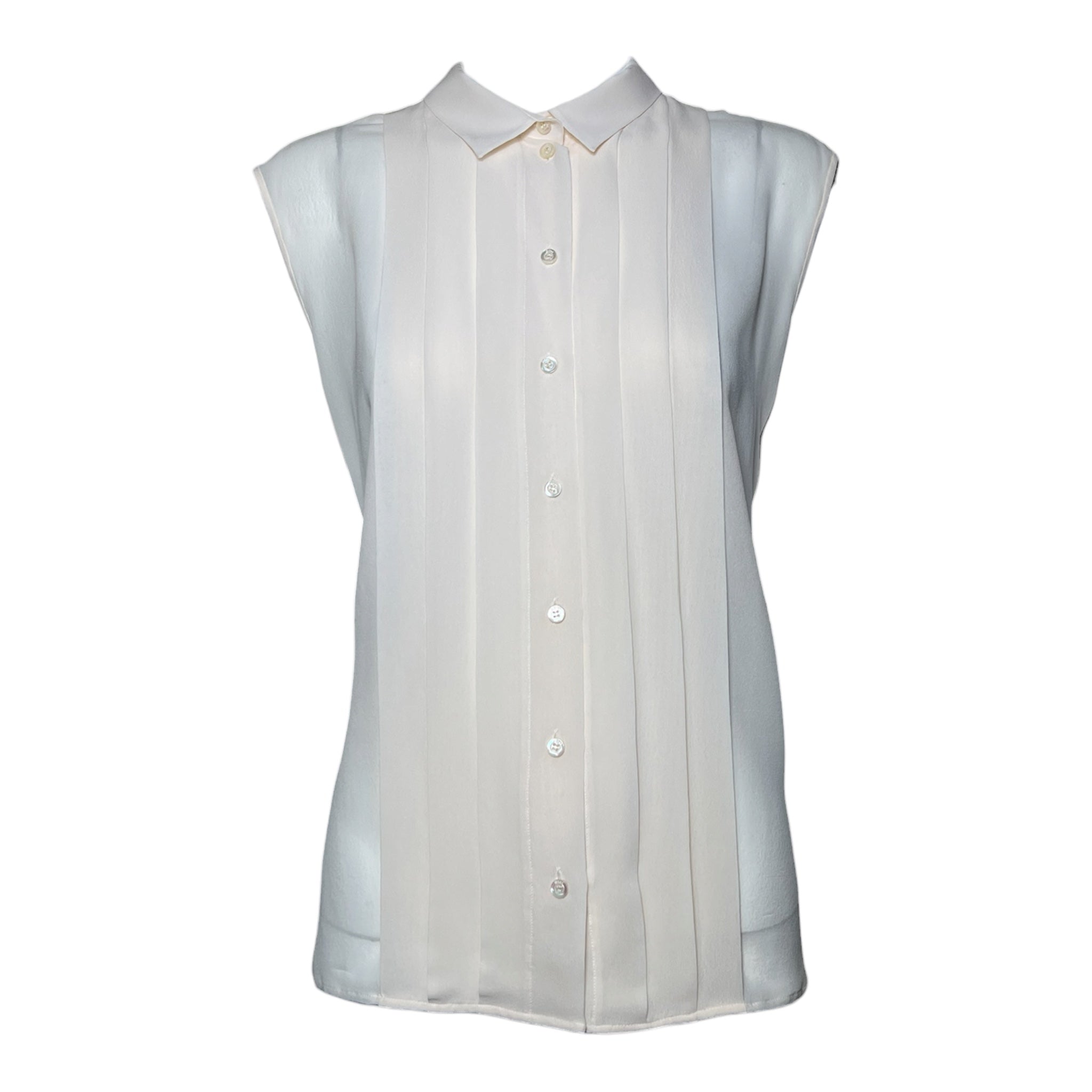 Christian Dior 2000's Cream Silk Pleat Front Button Up Sleeveless Blouse