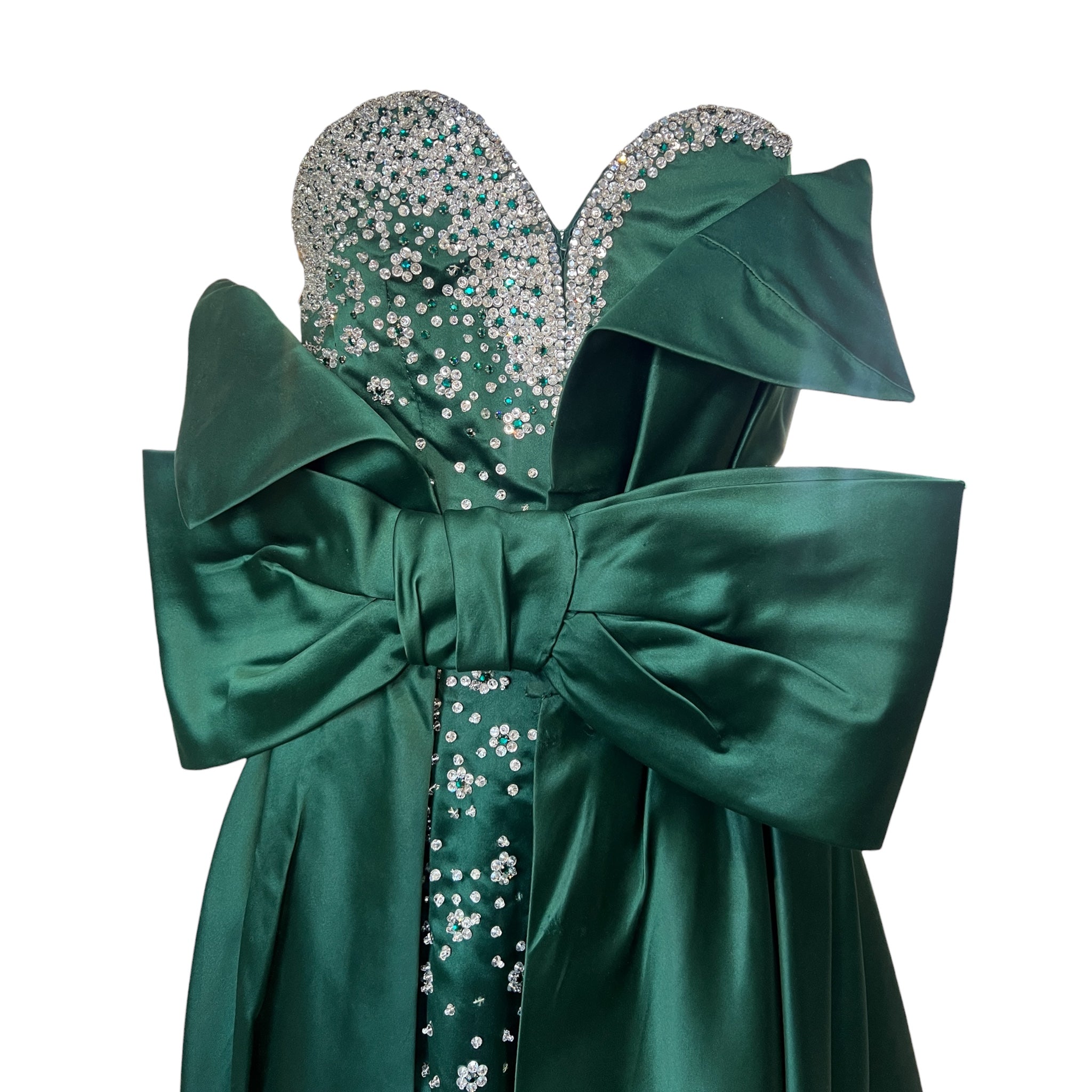 Balestra Roma Couture 1980's Emerald Green Satin and Rhinestone Strapless Gown, detail