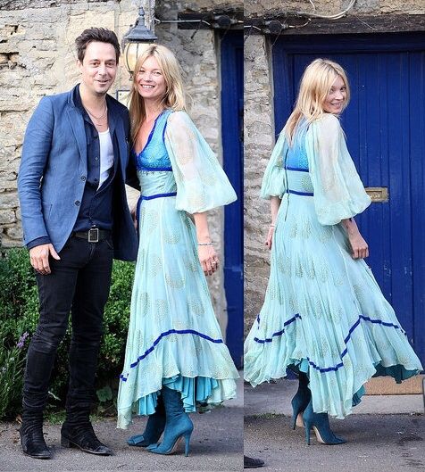 Kate Moss wearing her mother's vintage Thea Porter dress as her “something borrowed and blue” at her wedding rehearsal