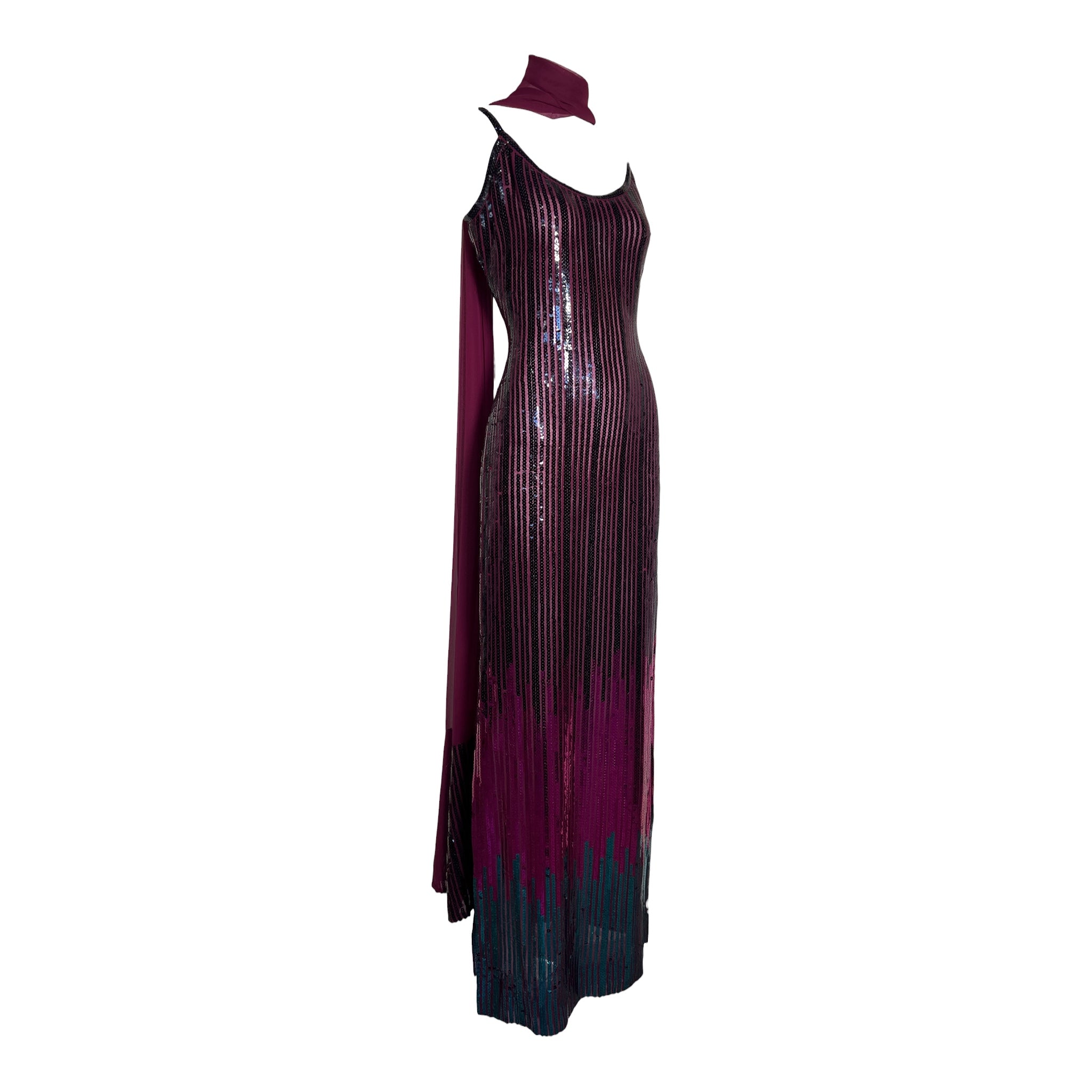 Ruben Panis 1970's Ombre Sequin Column Dress With Scarf