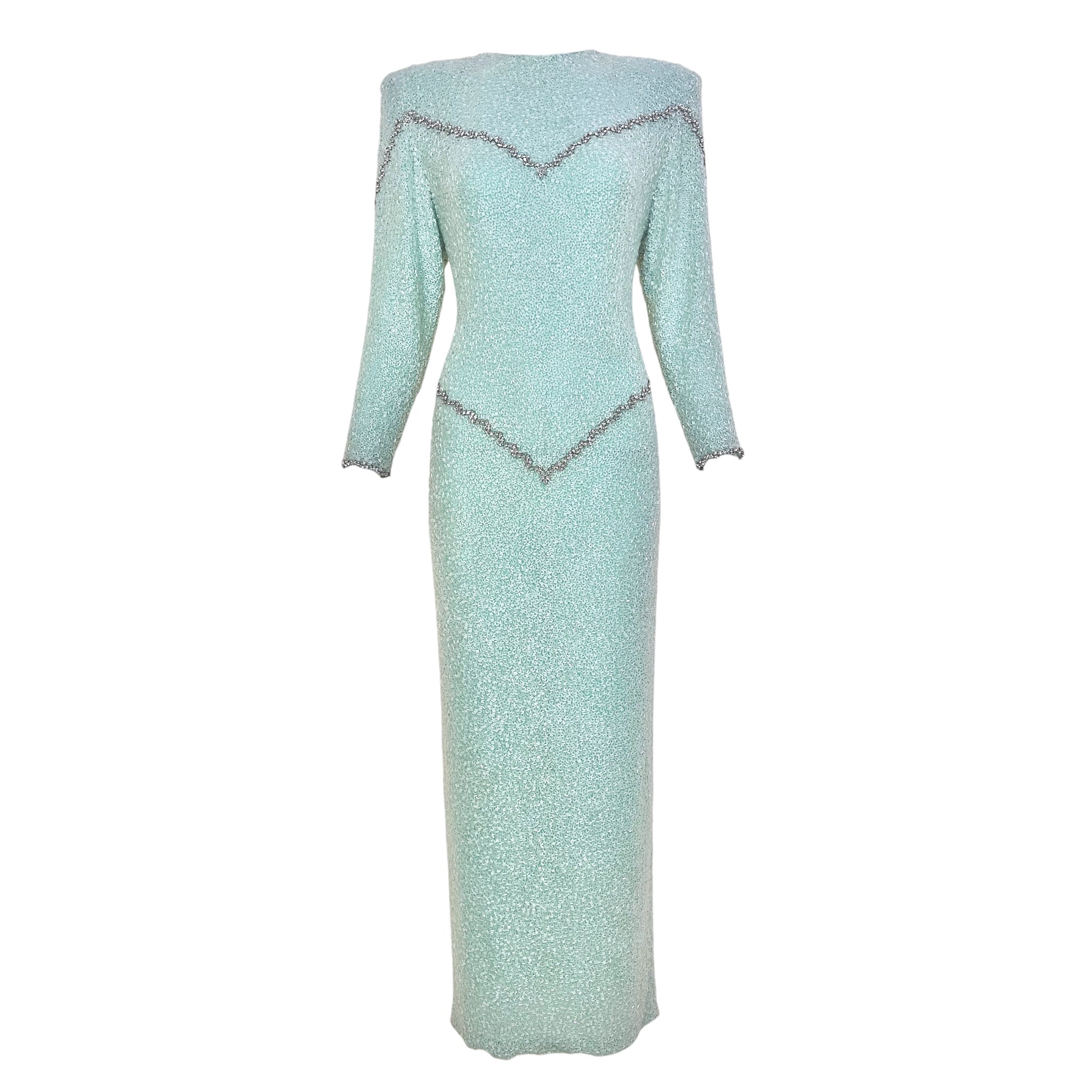 Galanos 1980's Fully Beaded Pale Aqua Blue Silk Evening Gown with Rhinestones
