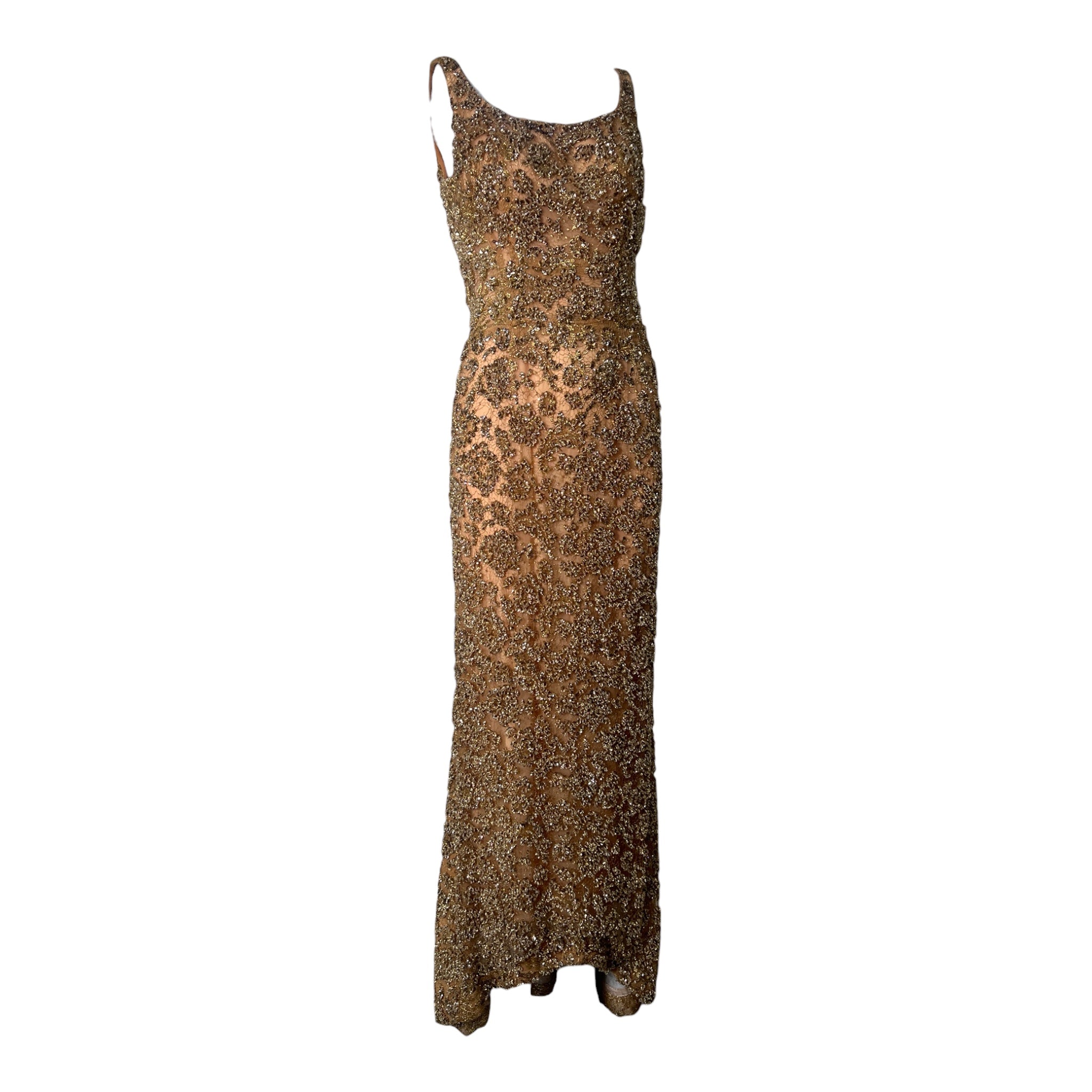 1960's Gold Heavily Embellished Knit Lace Evening Bombshell Gown, slight side