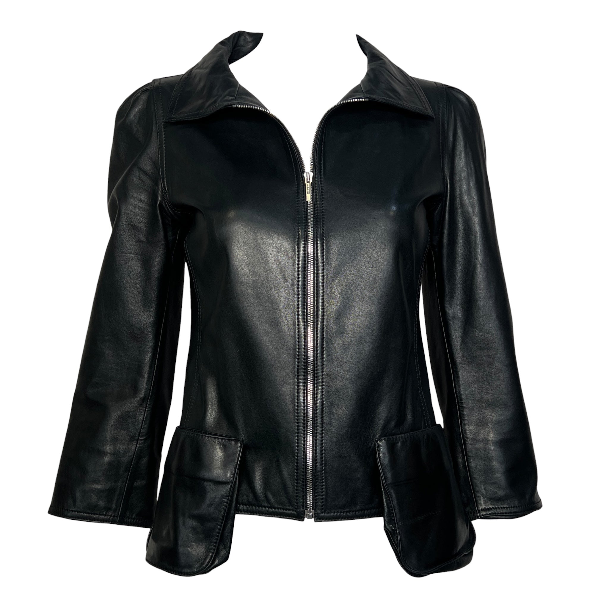 Fendi 2000's Black Leather Jacket with Patch Pockets