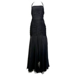 1950's Black Silk Chiffon Ruched Drop Waist Hourglass Halter Gown