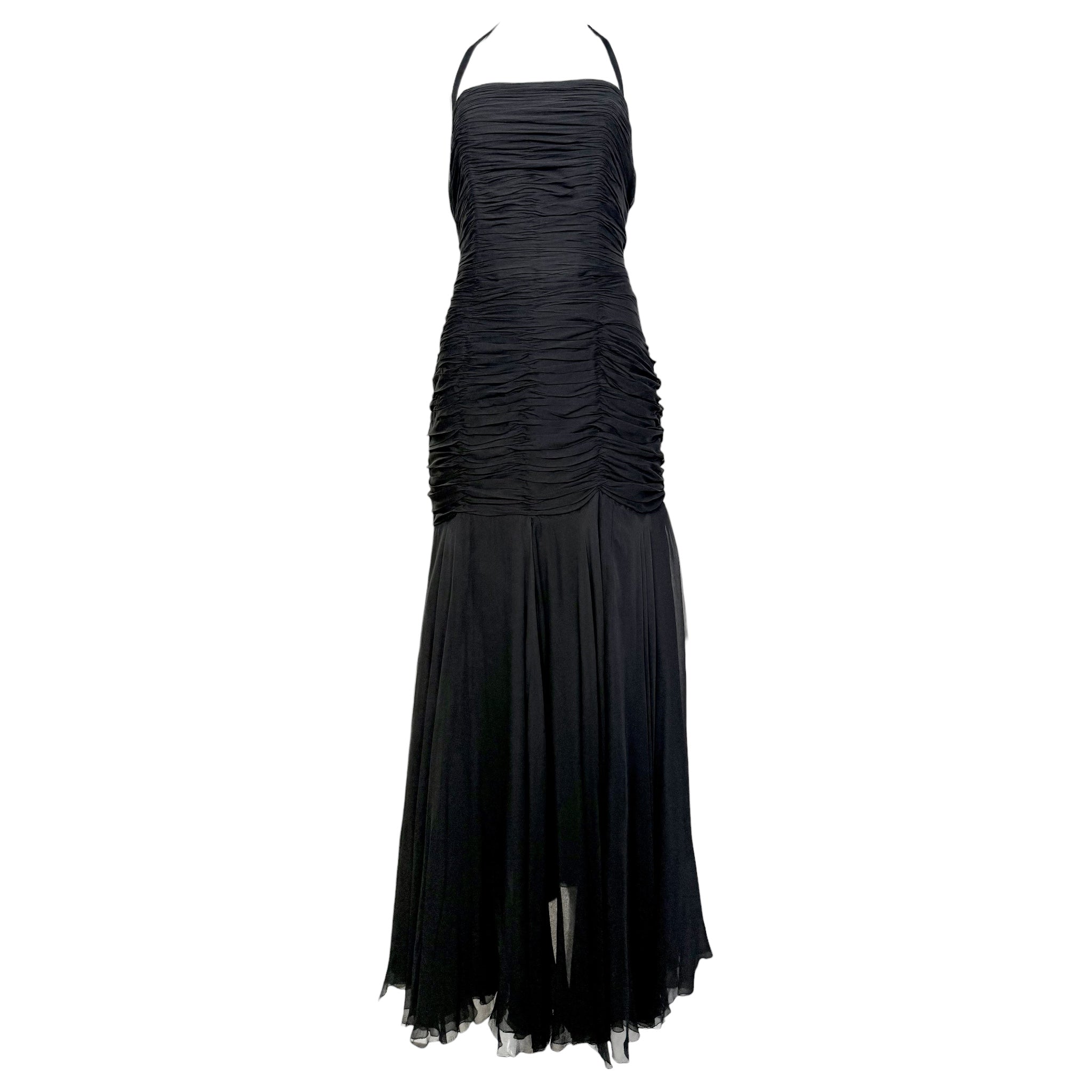 1950's Black Silk Chiffon Ruched Drop Waist Hourglass Halter Gown
