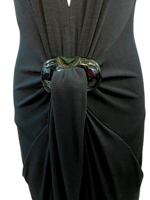 Donna Karan 90s Sexy Black Jersey Plunging Neckline Dress, detail