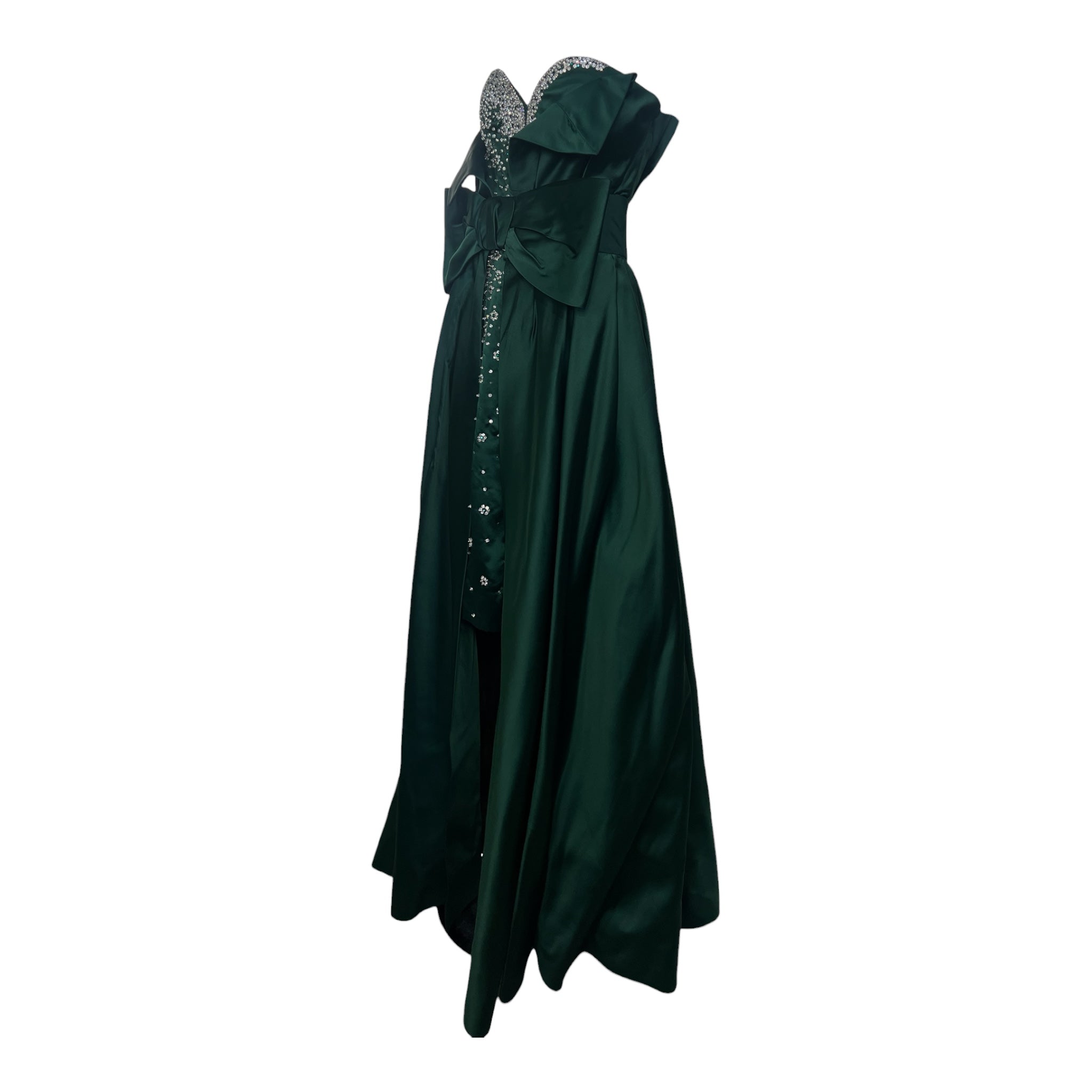 Balestra Roma Couture 1980's Emerald Green Satin and Rhinestone Strapless Gown, side