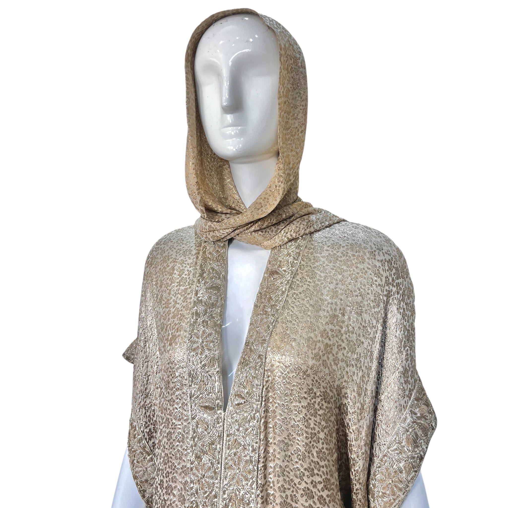 Late 1970's Gold Champagne Lamé Jacquard Caftan Gown and Scarf, scarf on head