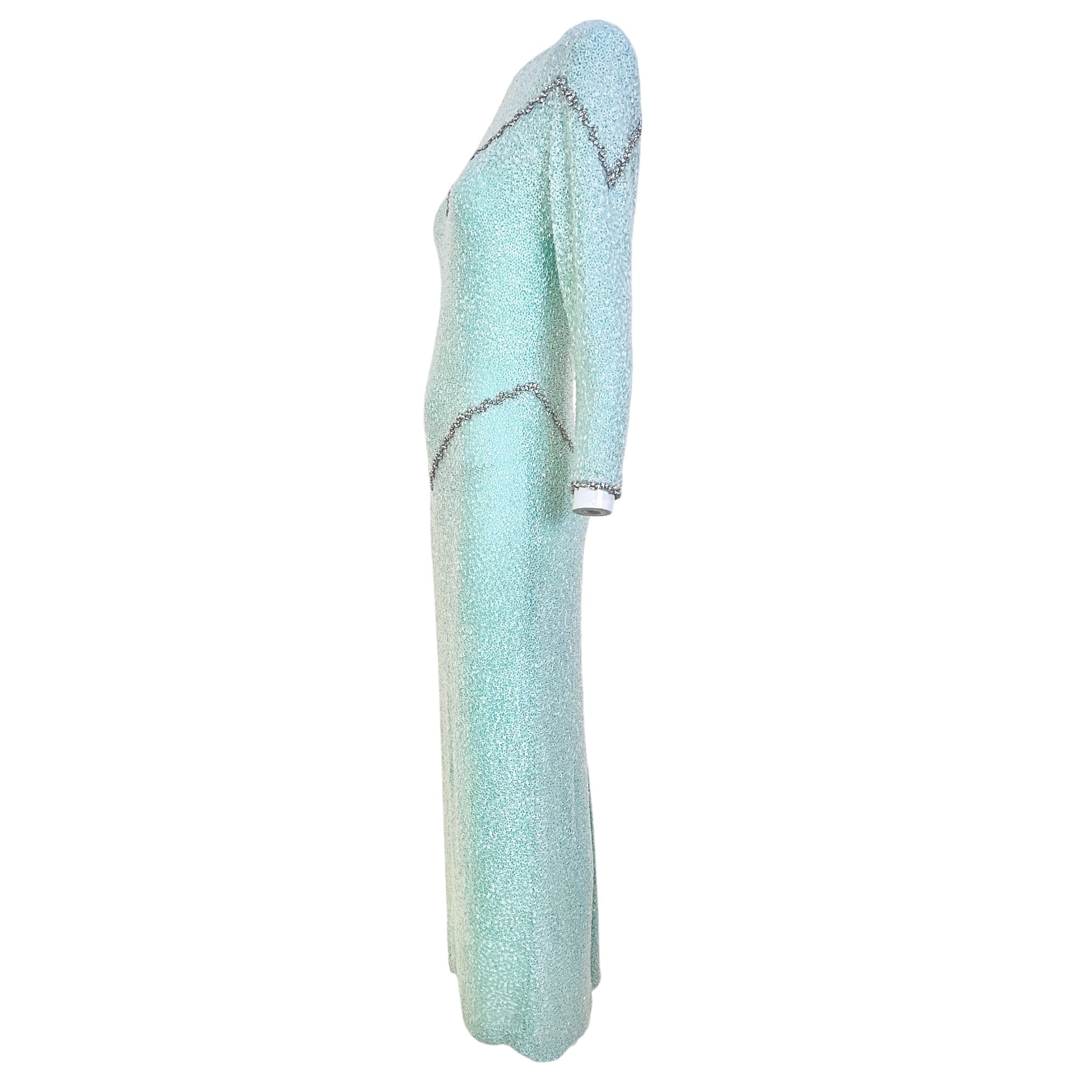 Galanos 1980's Fully Beaded Pale Aqua Blue Silk Evening Gown with Rhinestones, side
