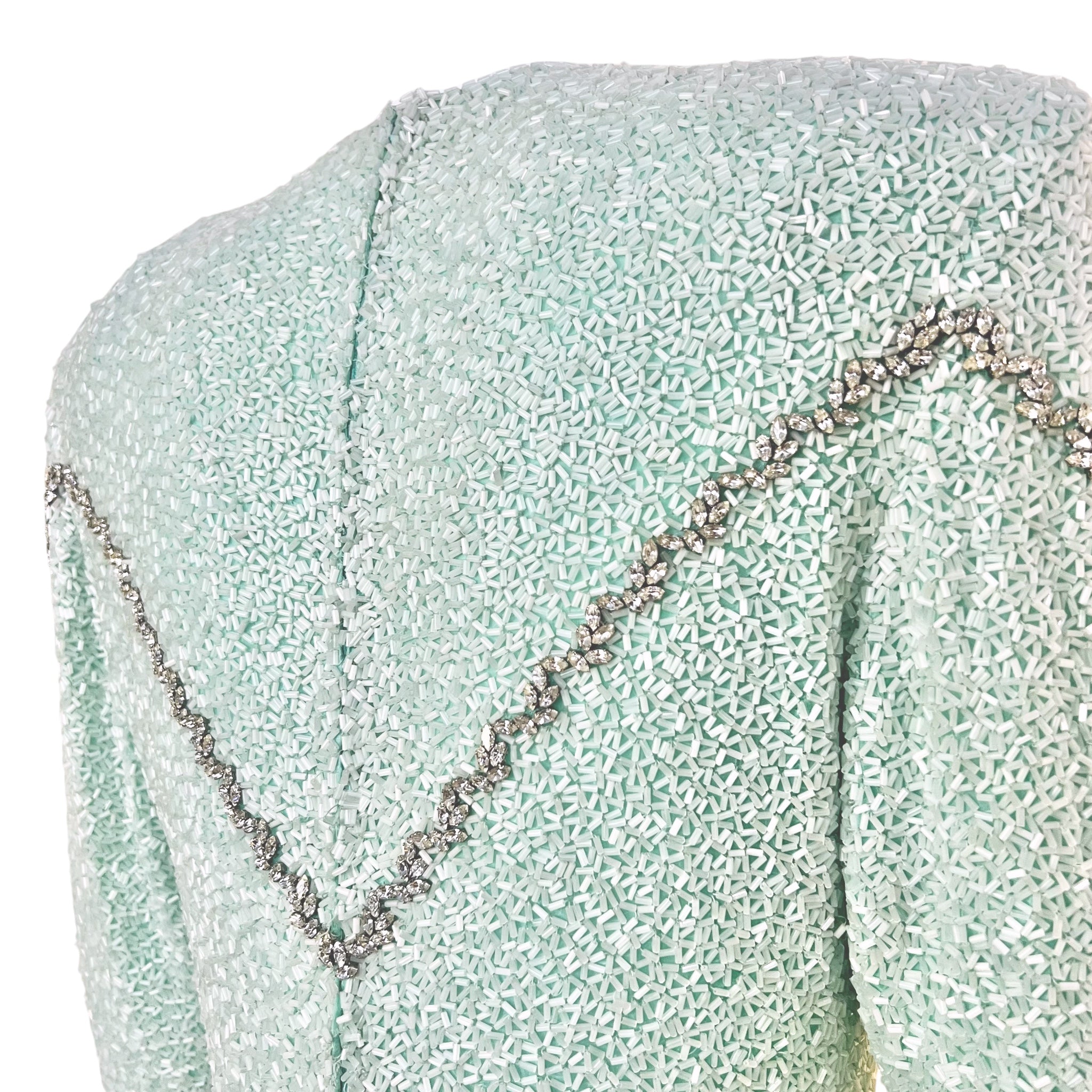 Galanos 1980's Fully Beaded Pale Aqua Blue Silk Evening Gown with Rhinestones, back side detail
