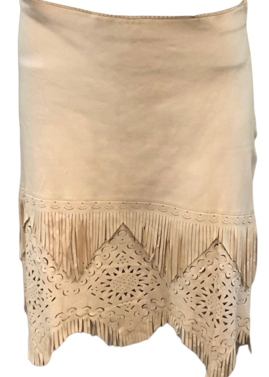 Jean Paul Gaultier Y2K Femme White Leather Fringe Skirt with Laser Cut Outs FRONT 1 of 4