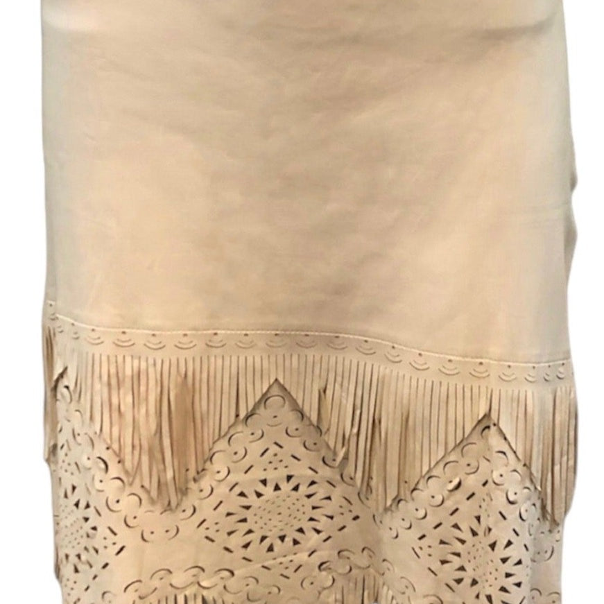 Jean Paul Gaultier Y2K Femme White Leather Fringe Skirt with Laser Cut Outs FRONT 1 of 4