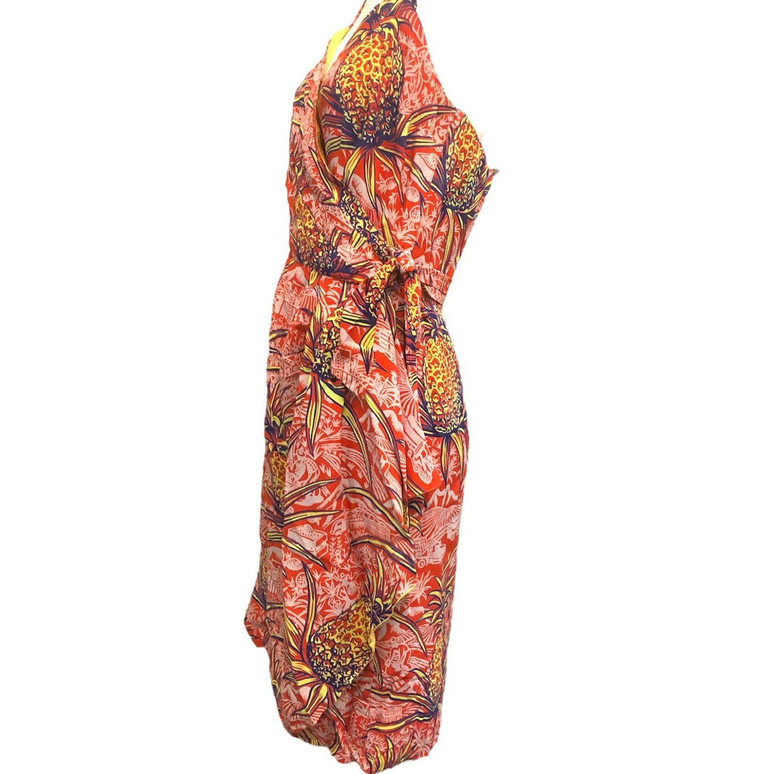 40s Rayon Red Hawaiian Pineapple Print Wrap Dress SIDE 2 of 4