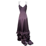 Zac Posen F/W 2005 Plum Silk Satin Tiered Gown w/Flounce, back