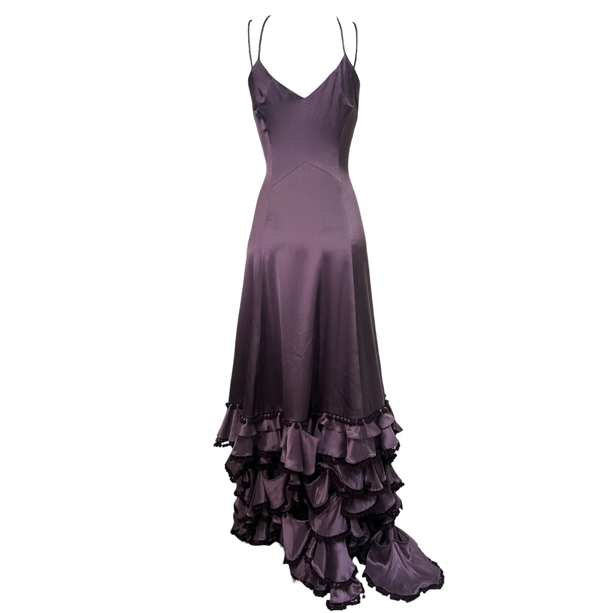 Zac Posen F/W 2005 Plum Silk Satin Tiered Gown w/Flounce, back