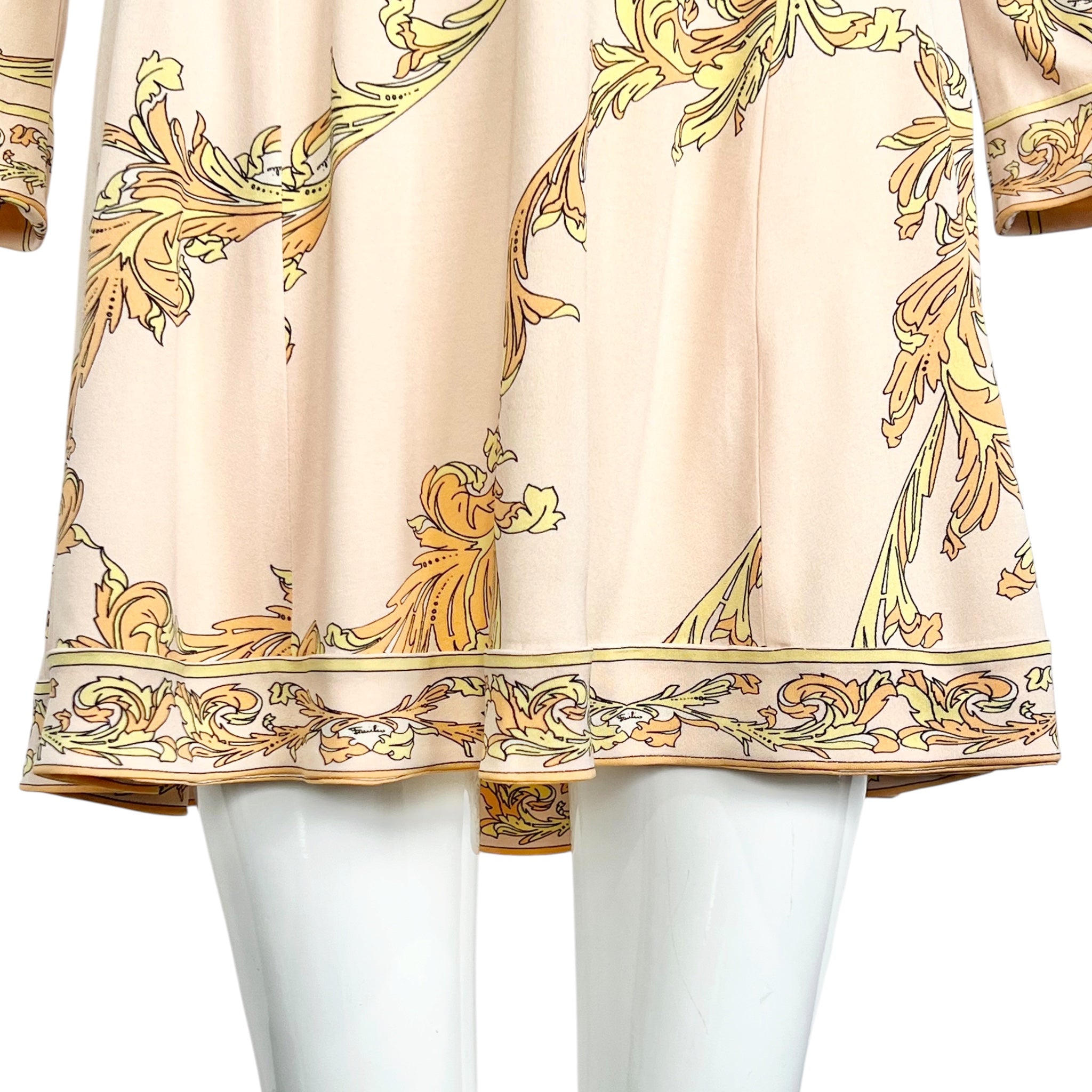 Emilio Pucci 1970's Pale Peach Pastel Printed Silk Jersey Mini Dress, hem
