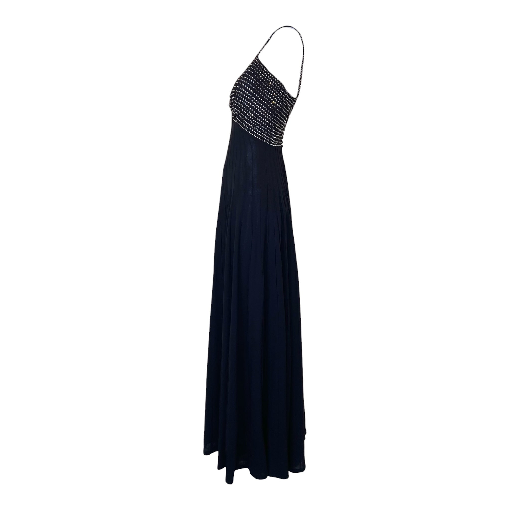 1930's Old Hollywood Rhinestoned Black Rayon Evening Gown, side