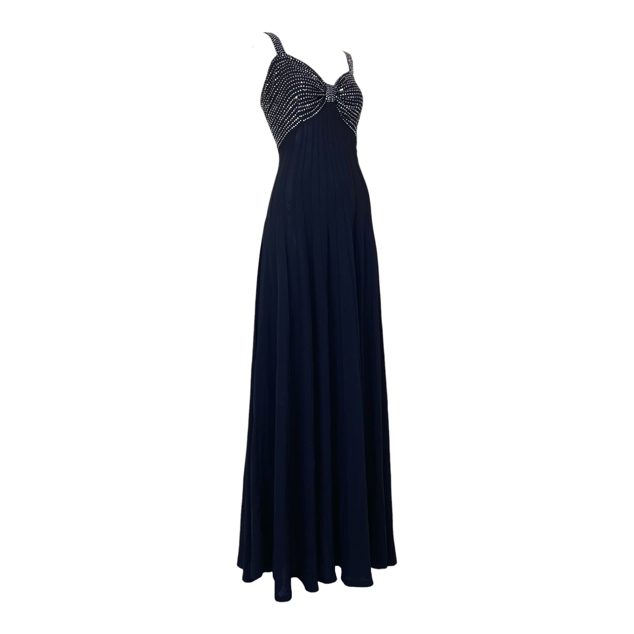 1930's Old Hollywood Rhinestoned Black Rayon Evening Gown, slight side