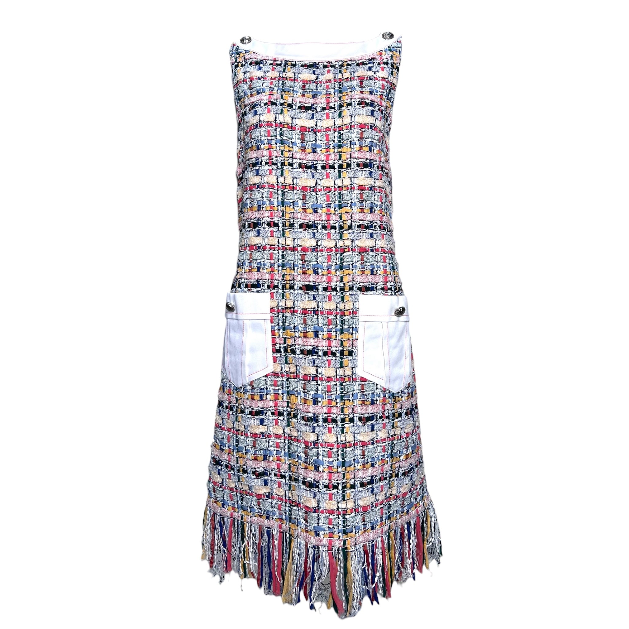 Chanel S/S 2015 Multicolored Boucle Tweed Fringed Hem Dress