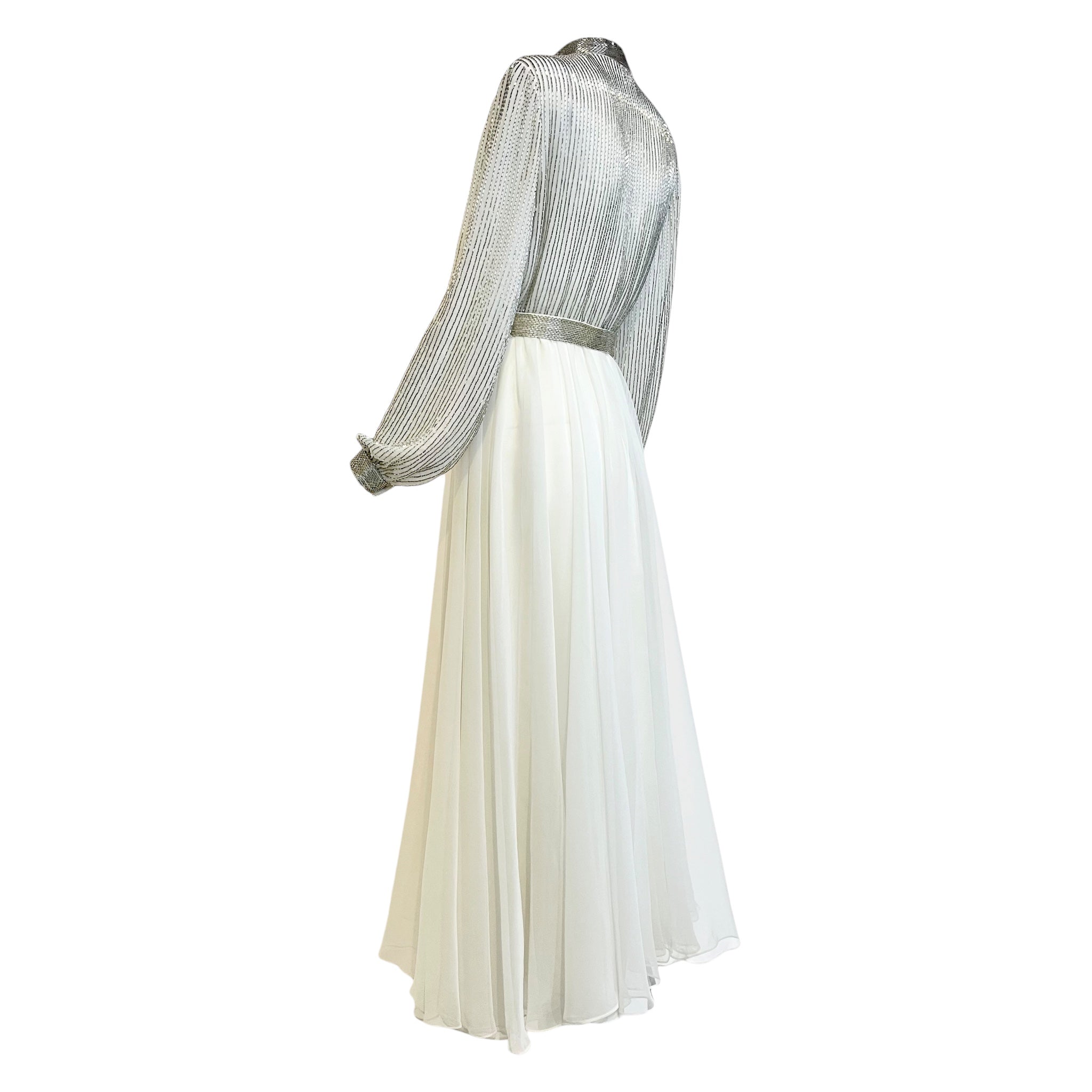 Victoria Royal 1970's White Chiffon Fit and Flare Long Sleeve Dress with Silver Beaded Bodice, slight side back