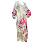 Bill Blass 1969 Silver Brocade Pink Floral Long Sleeve Full Length Dress, Documented, slight side