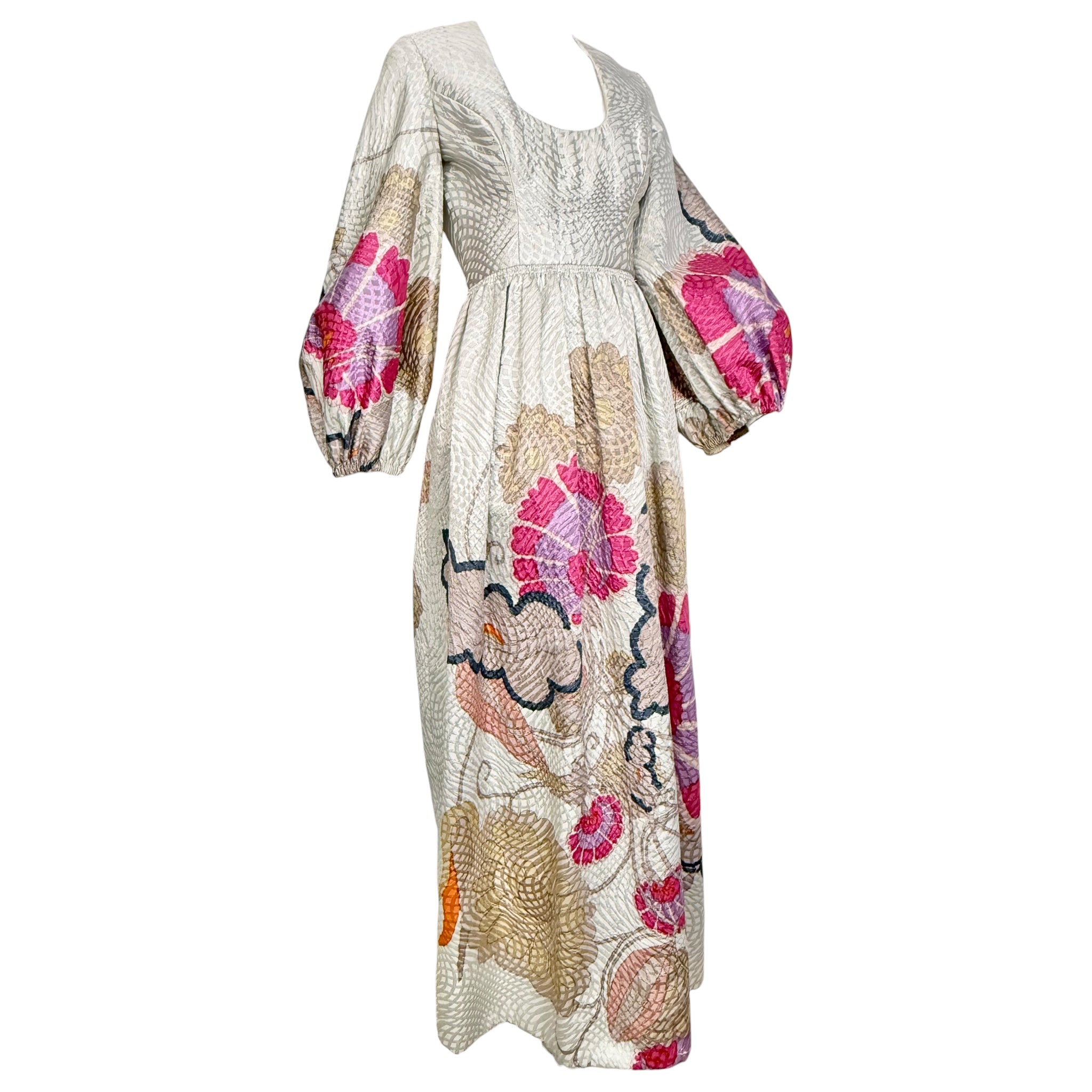 Bill Blass 1969 Silver Brocade Pink Floral Long Sleeve Full Length Dress, Documented, slight side