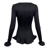 Y2K Issey Miyake Black Trumpet Hem Pleats Please Skirt Set, blouse back