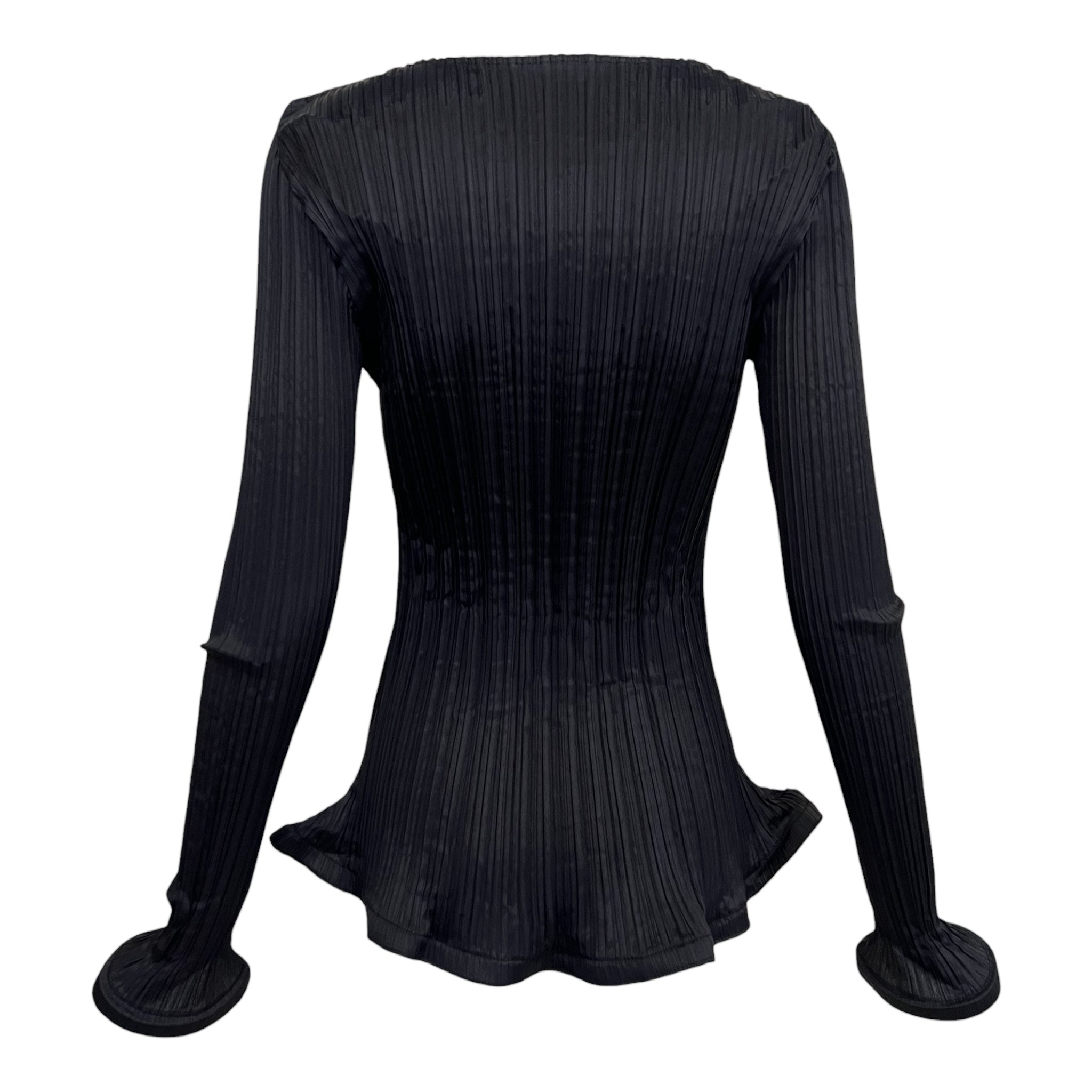 Y2K Issey Miyake Black Trumpet Hem Pleats Please Skirt Set, blouse back