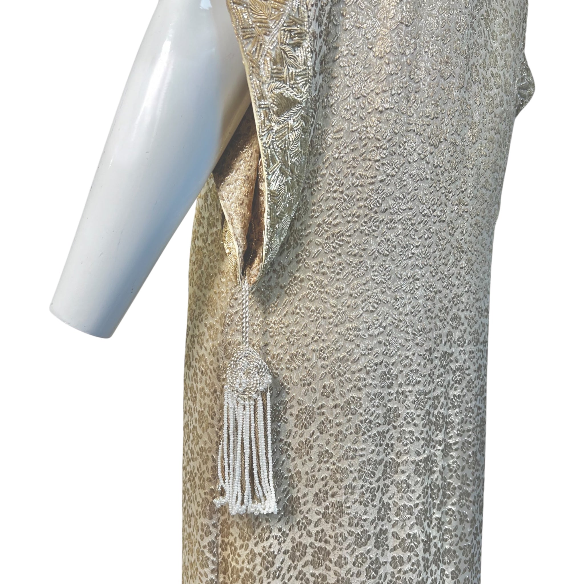 Late 1970's Gold Champagne Lamé Jacquard Caftan Gown and Scarf, tassel 