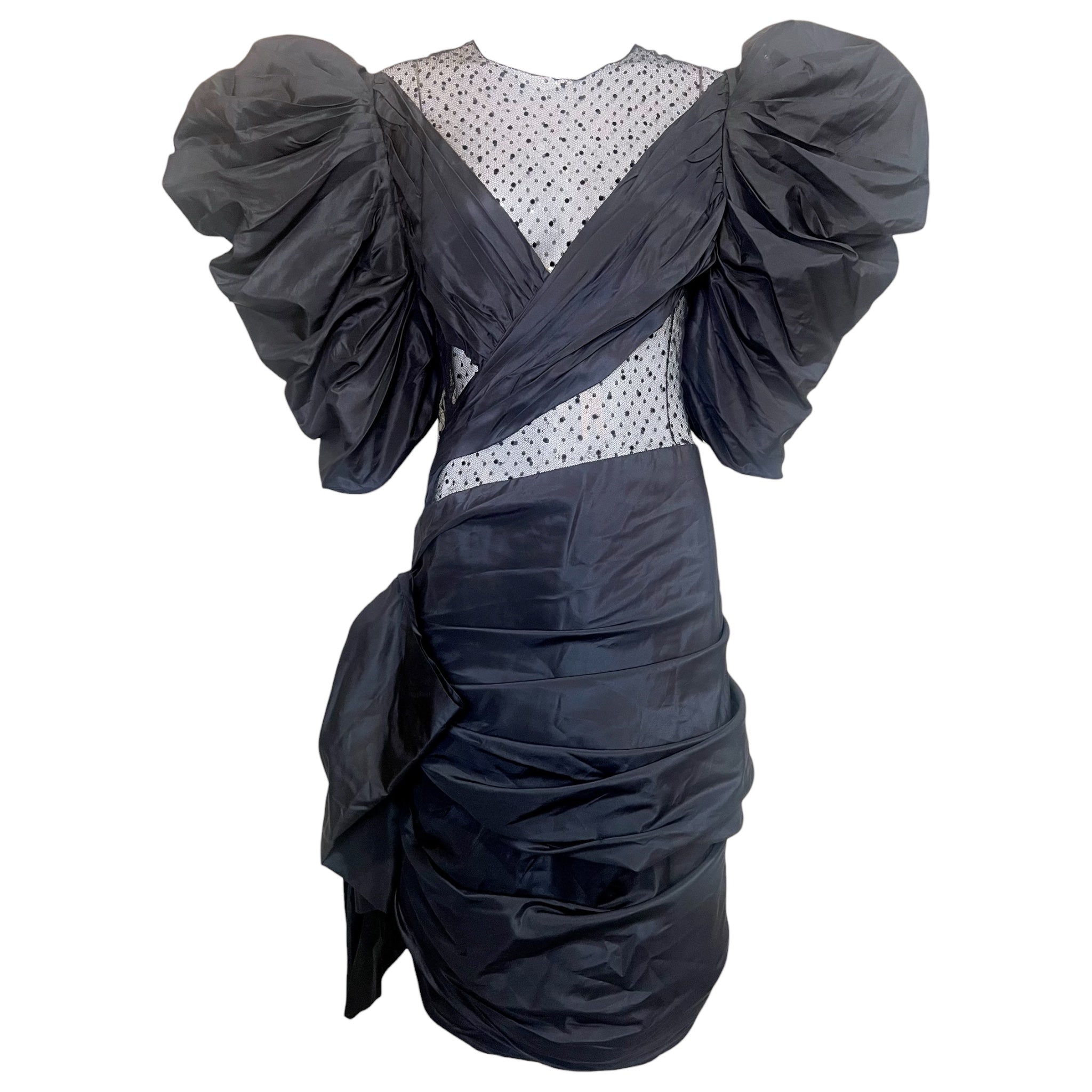 1980's Black Taffeta and Lace Dramatic Peek-A-Boo Party Dress
