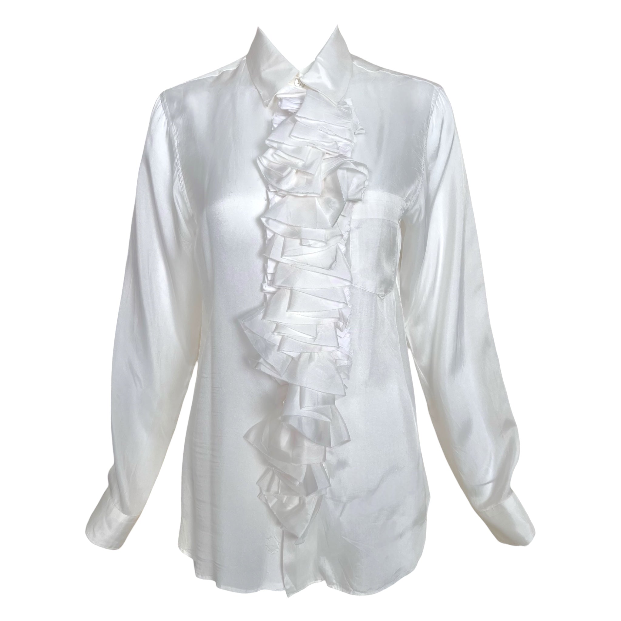 Comme Des Garçon Y2K Satin Tuxedo Blouse w/Long Ruffled Jabot