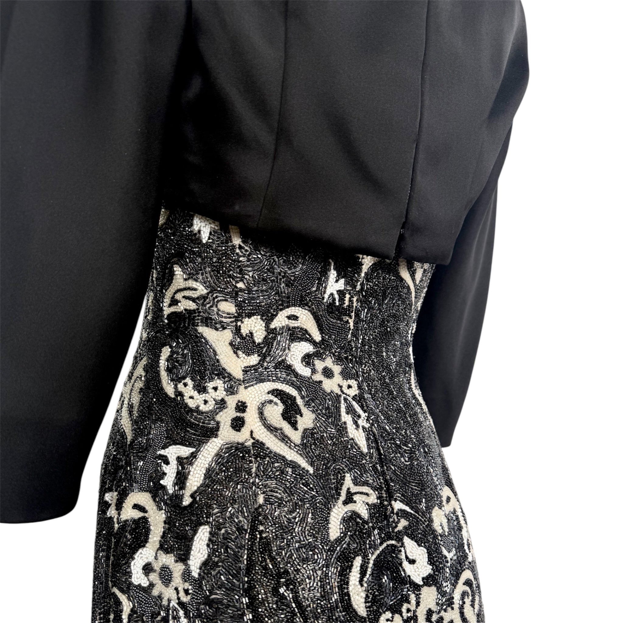 Guy Laroche Haute Couture 1960's Black and White Empire Waist Heavily Beaded Gown, back waist area