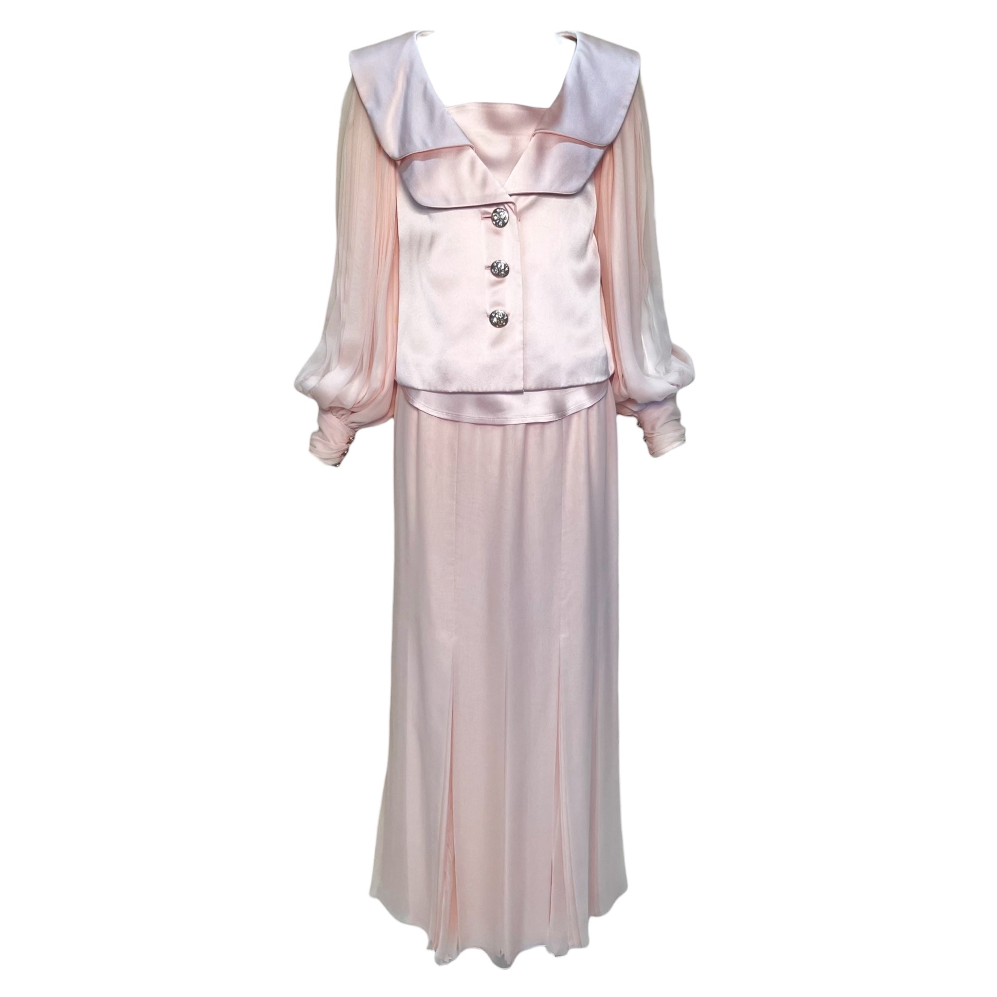 Galanos Early 1980's Pink Silk Three Piece Skirt Suit Evening Ensemble