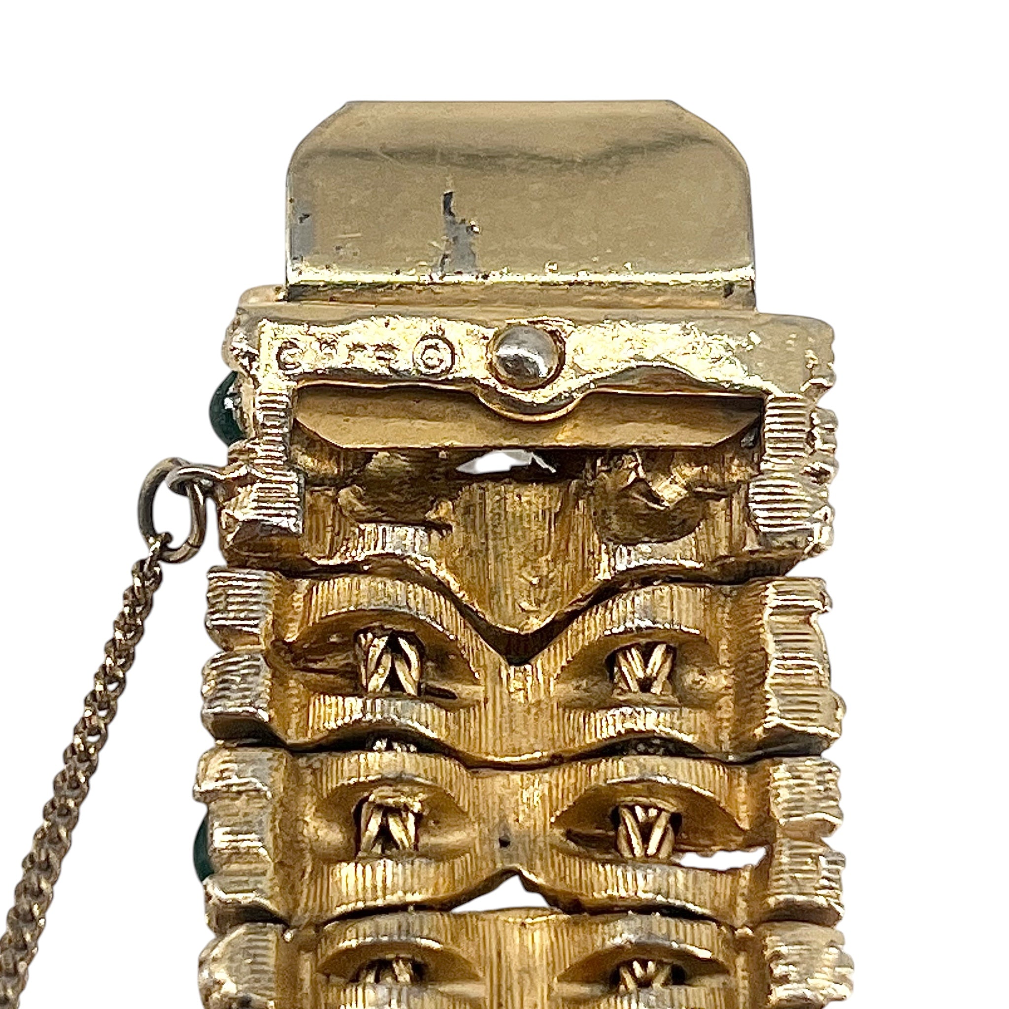 Ciner 1960's Jewels of India Green Cabochon and Rhinestone Gold Plated Necklace and Bracelet Set, stamp