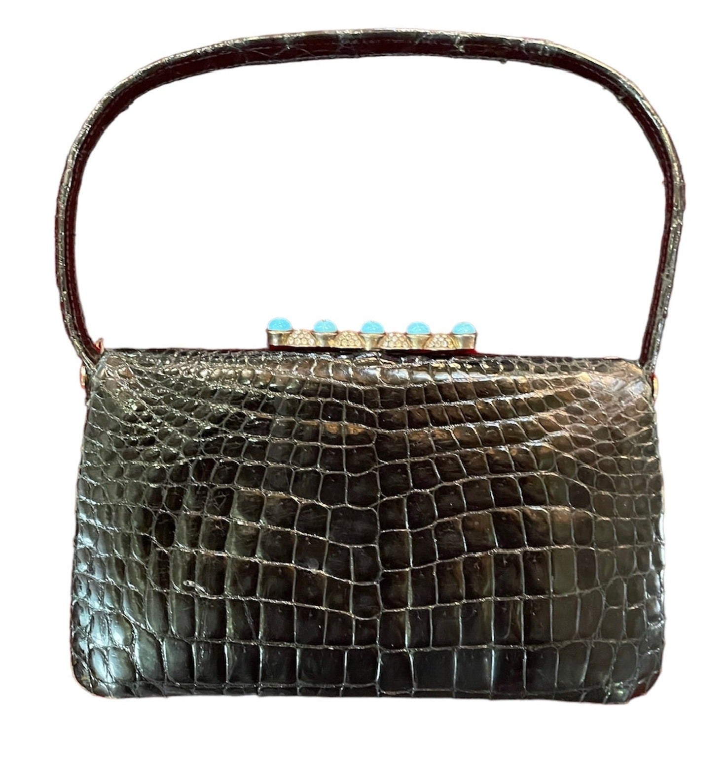  Mid Century Black Alligator Handbag with Rhinestone and Turquoise Glass Clasp FRONT 1 of 5