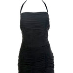 1950's Black Silk Chiffon Ruched Drop Waist Hourglass Halter Gown, top half