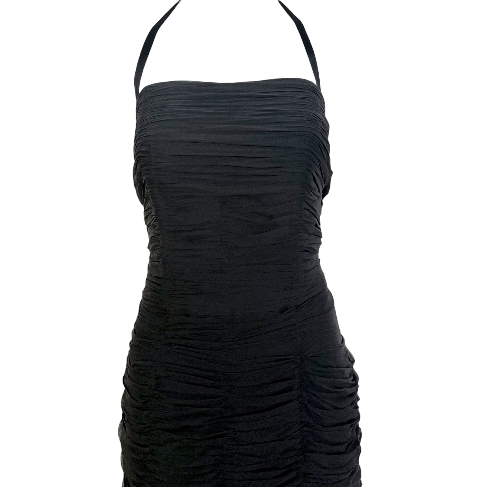 1950's Black Silk Chiffon Ruched Drop Waist Hourglass Halter Gown, top half