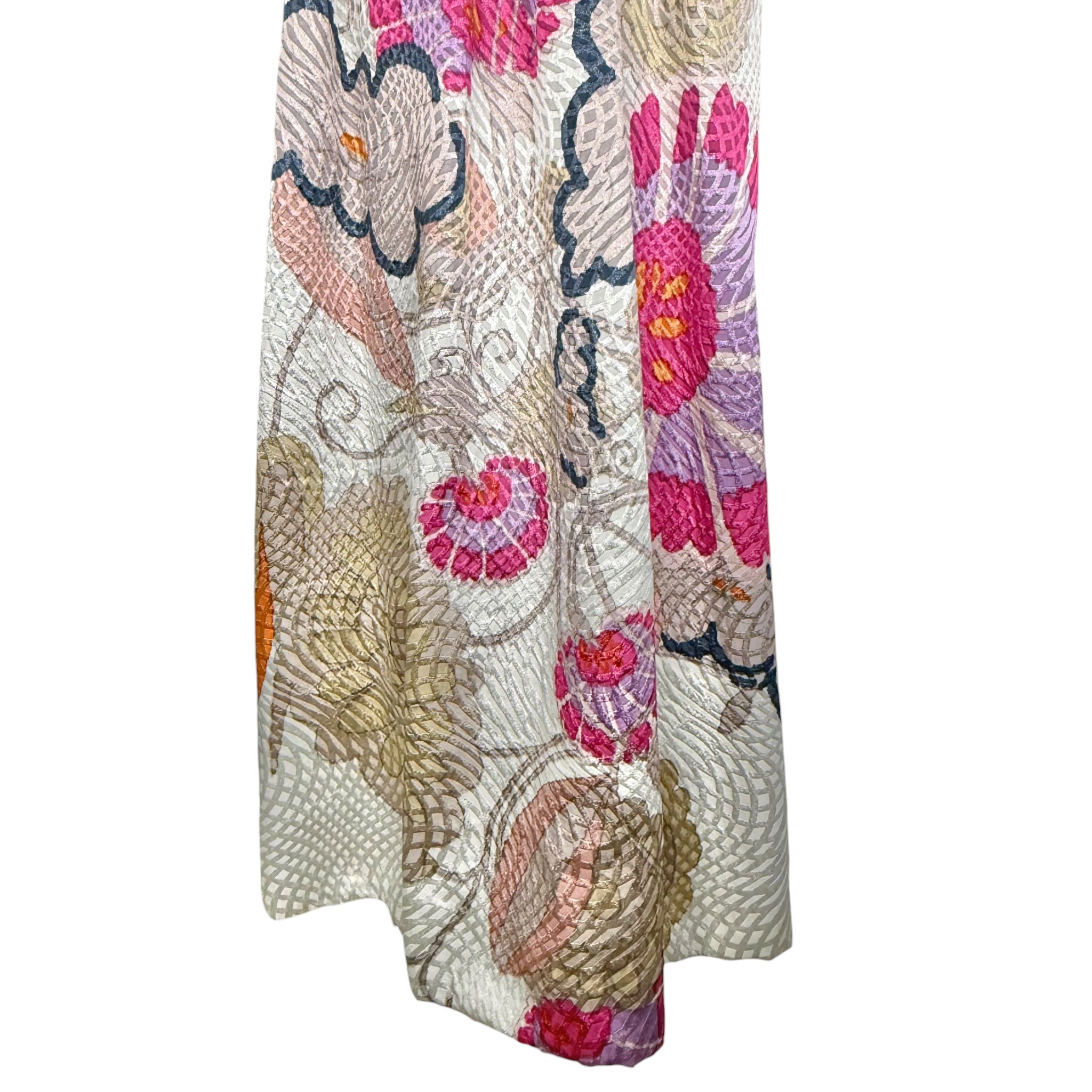 Bill Blass 1969 Silver Brocade Pink Floral Long Sleeve Full Length Dress, Documented, skirt graphics
