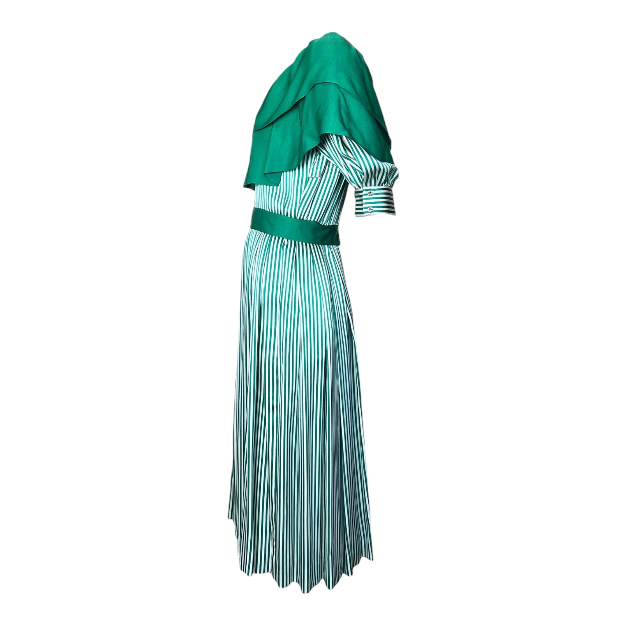 1980's Green and White Striped Silk Dress with Flutter Collar, side